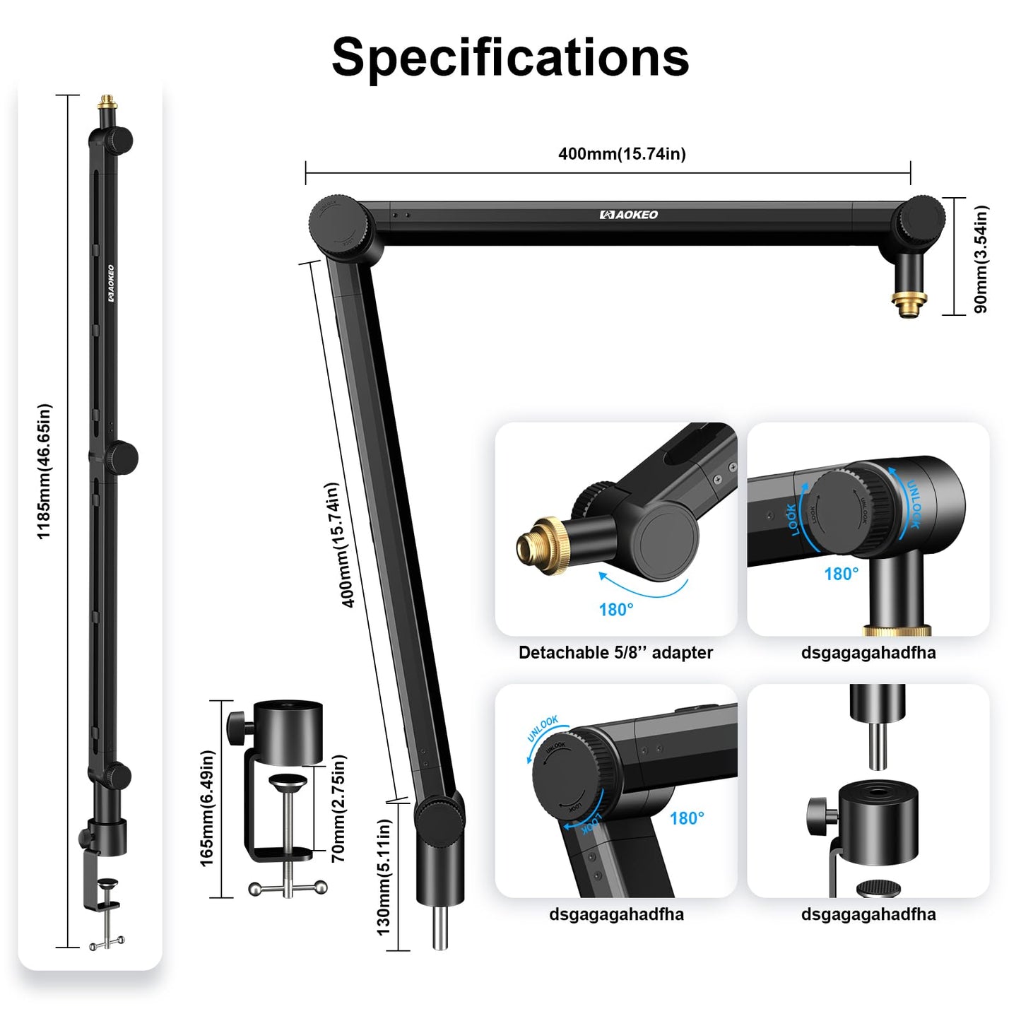 Aokeo Mic Arm, Boom Arm Microphone Stand Desk with Mount Clamp Cable Management Channels Detachable Riser 5/8" Thread Adapter for Blue Yeti Snowball Hyper X QuadCast SoloCast AT2020 Shure SM7B MV7