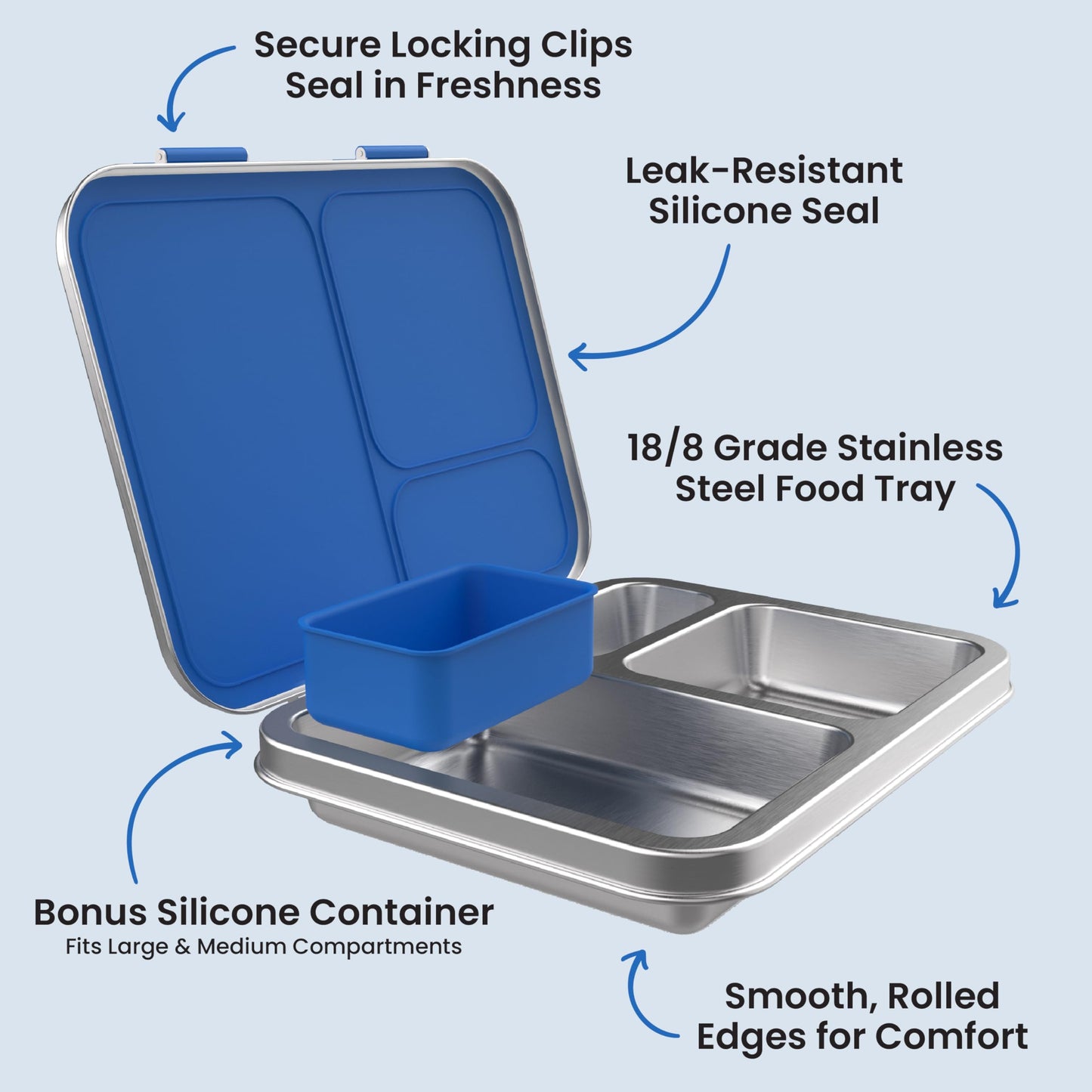 Bentgo® Kids Stainless Steel Leak-Resistant Lunch Box - Bento-Style Redesigned in 2022 w/Upgraded Latches, 3 Compartments, & Extra Container - Eco-Friendly, Dishwasher Safe, Patented Design (Blue)