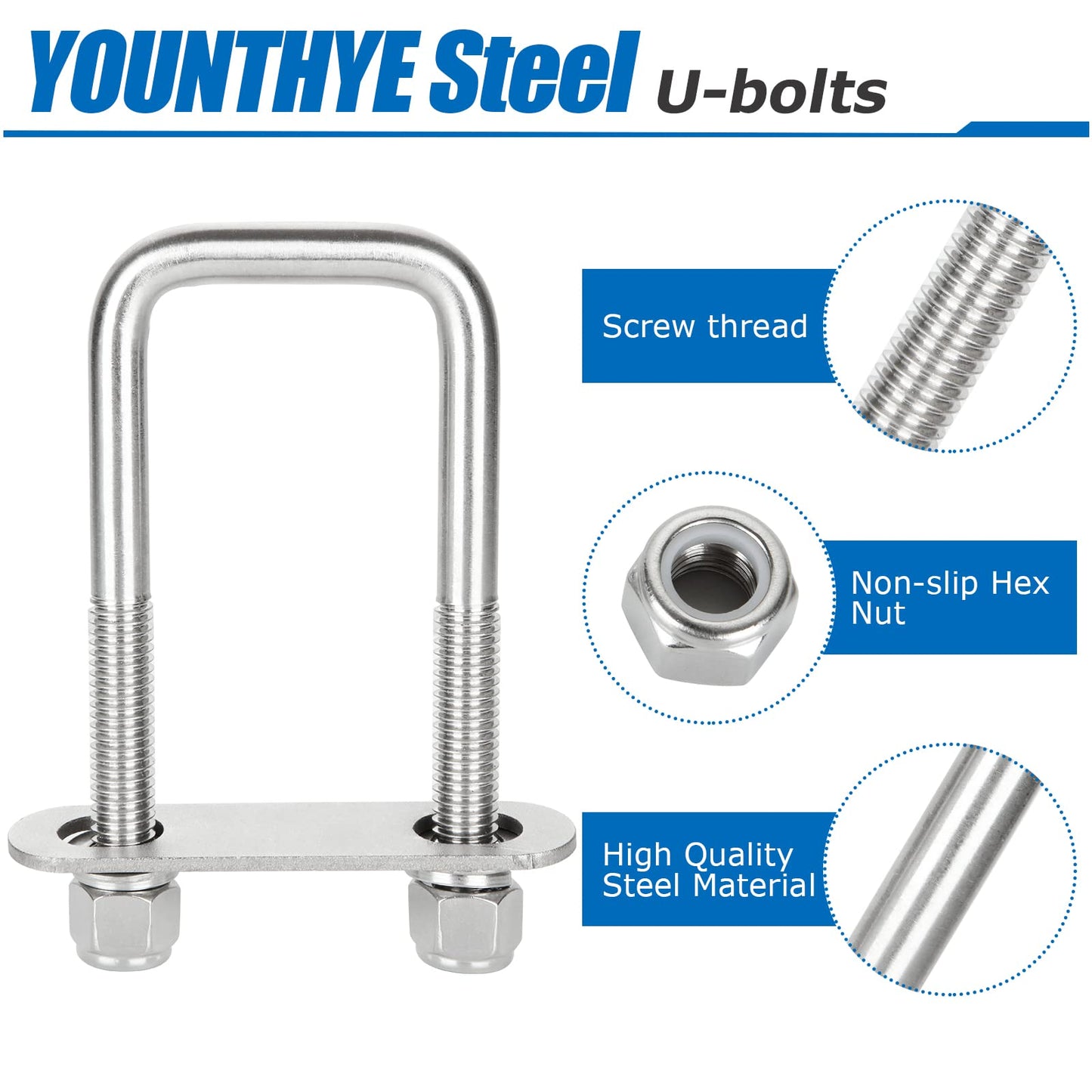 YOUNTHYE 4Pack Square U-Bolts 2-1/2" Inner Width Stainless Steel U Bolts with Washers and Nuts, Replacement Parts and Accessories for Automobiles, Ski Boat, or Sailboat Trailer