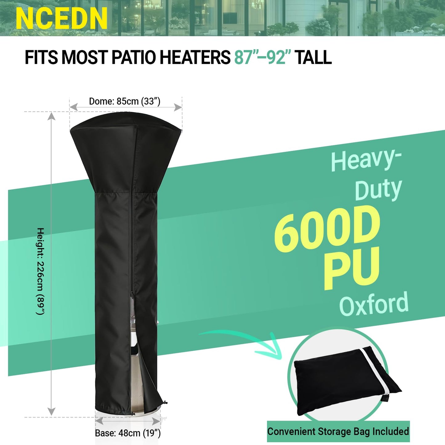 NCEDN Waterproof Patio Heater Cover - Upgraded 600D Oxford with PU Coating, Waterproof Zipper, Taped Seams, Drawstring Hem, Fits Outdoor Heaters for Patios, 89” Height 33” Dome 19” Base
