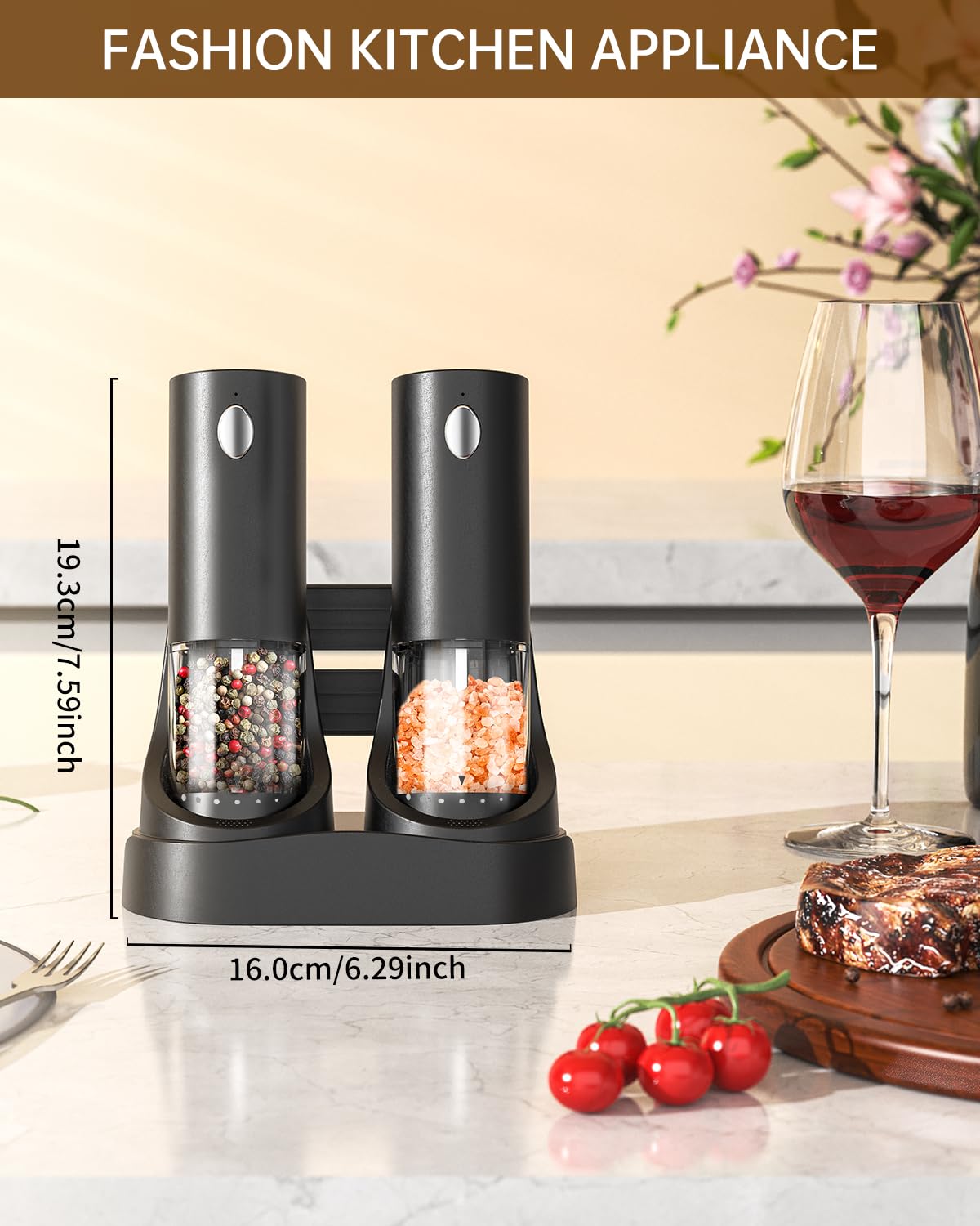 CIRCLE JOY Electric Rechargeable Salt and Pepper Grinder Set with Easy-to-Carry Dual Charging Base, Externally Adjustable, 100 ml Large Capacity, LED Light, Black