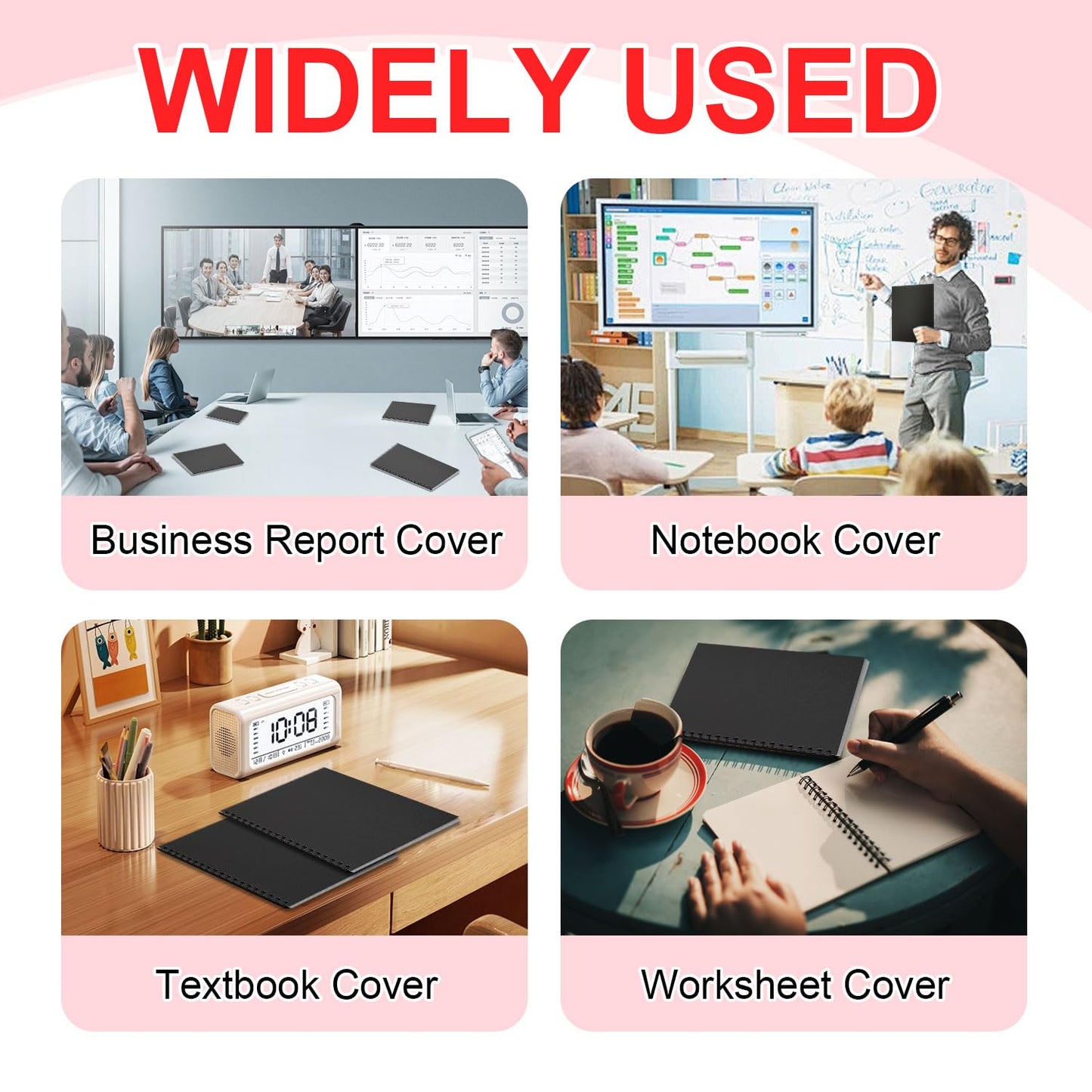 HOUYEE 100 Pack 16 Mil Poly Binding Covers,Sand Texture Binding Presentation Covers,8.5x11 Inches,Letter Size,Black,Square Corners,Un-Punched