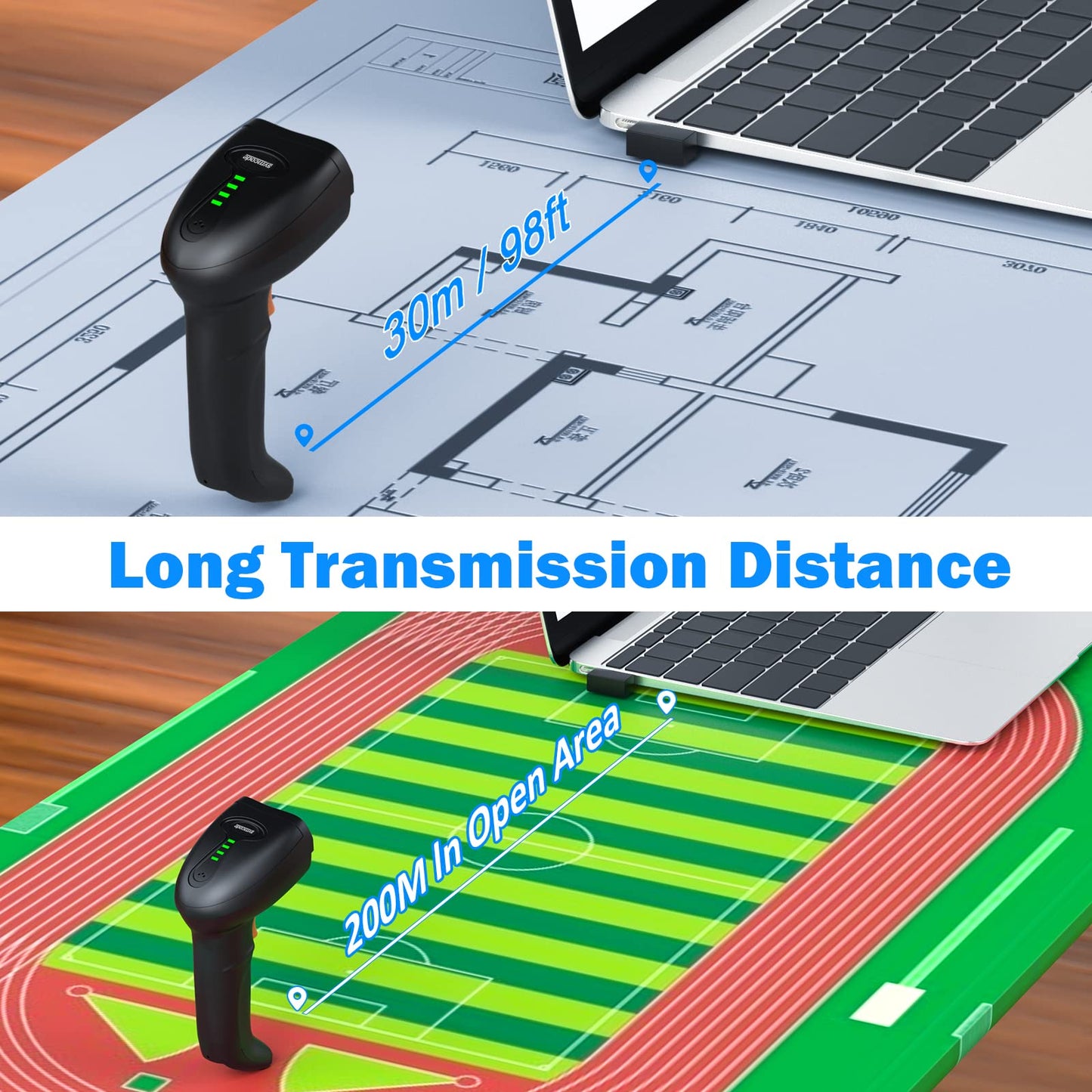 Symcode Barcode Scanner Wireless with Auto-Sensing Stand,Handheld 1D Laser Cordless Bar Code Scanner with Battery Level Indicator and Multiple Scanner to One Receiver