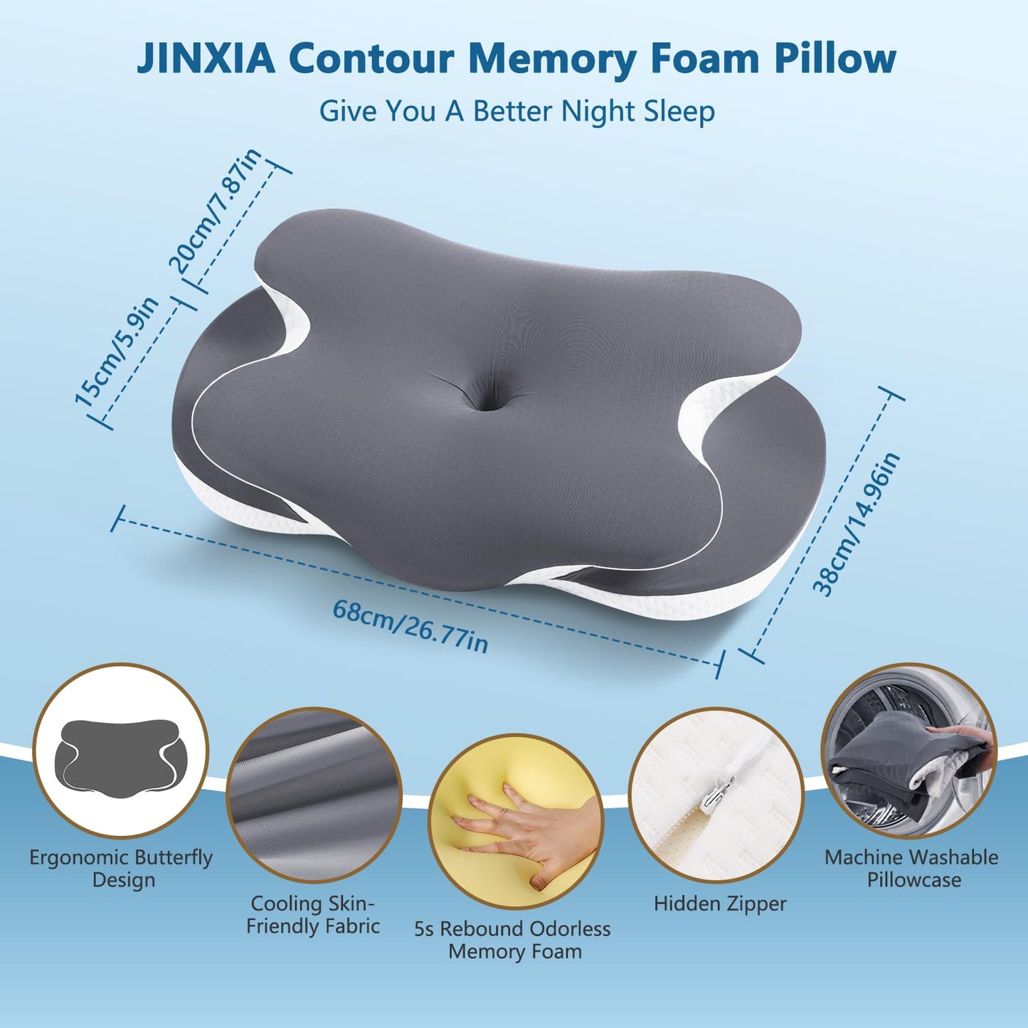 JINXIA Cervical Neck Pillow for Neck and Shoulder, Odorless Memory Foam Pillows & Soft Silk Cover, Ergonomic Orthopedic Neck Support Pillow for Side Back Stomach Sleepers, Gray