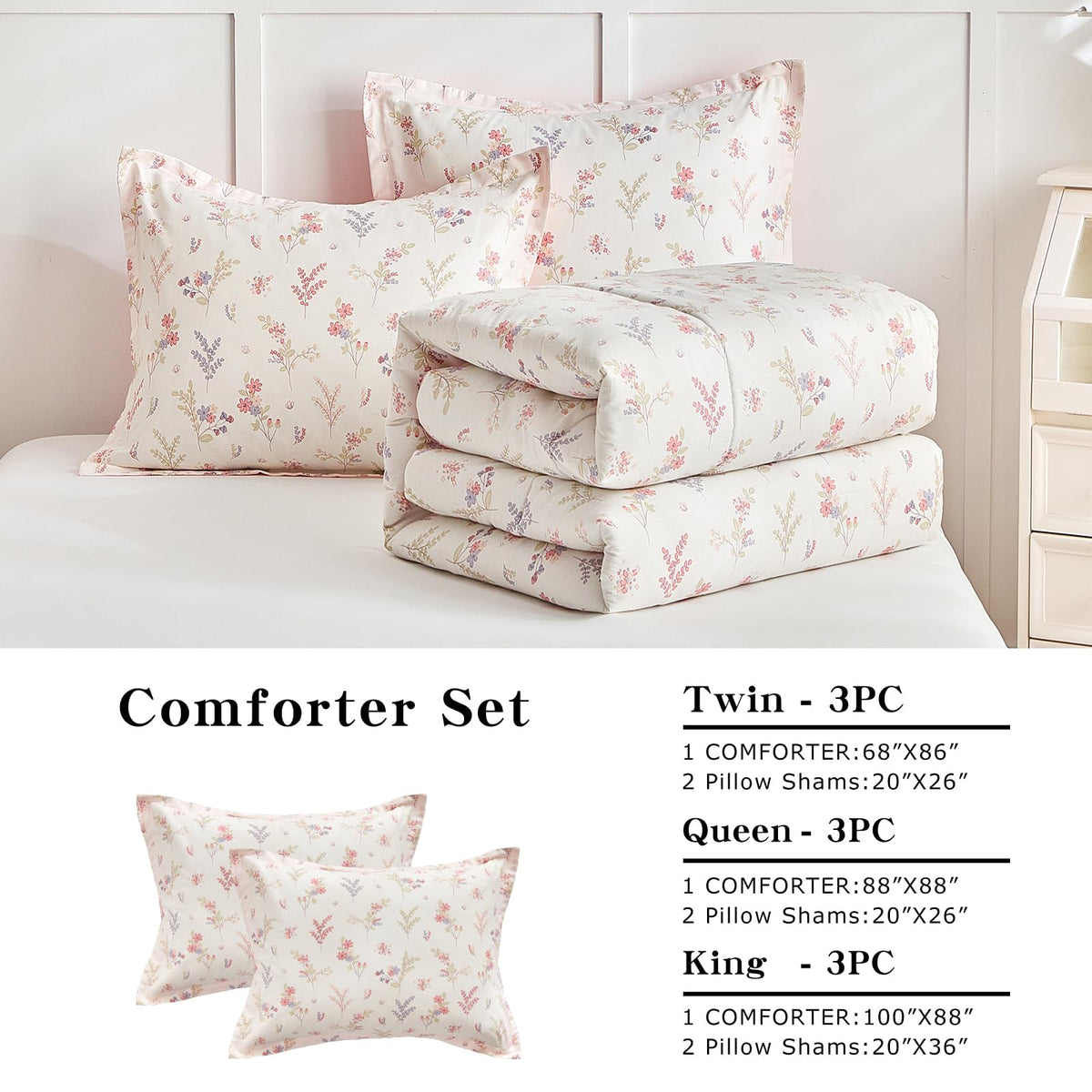Joyreap 3pcs Cotton Comforter Set for Girls, Pink Floral Design, Twin Size Soft n Cozy Bedding Comforter Set for All Season- 68x88 inches