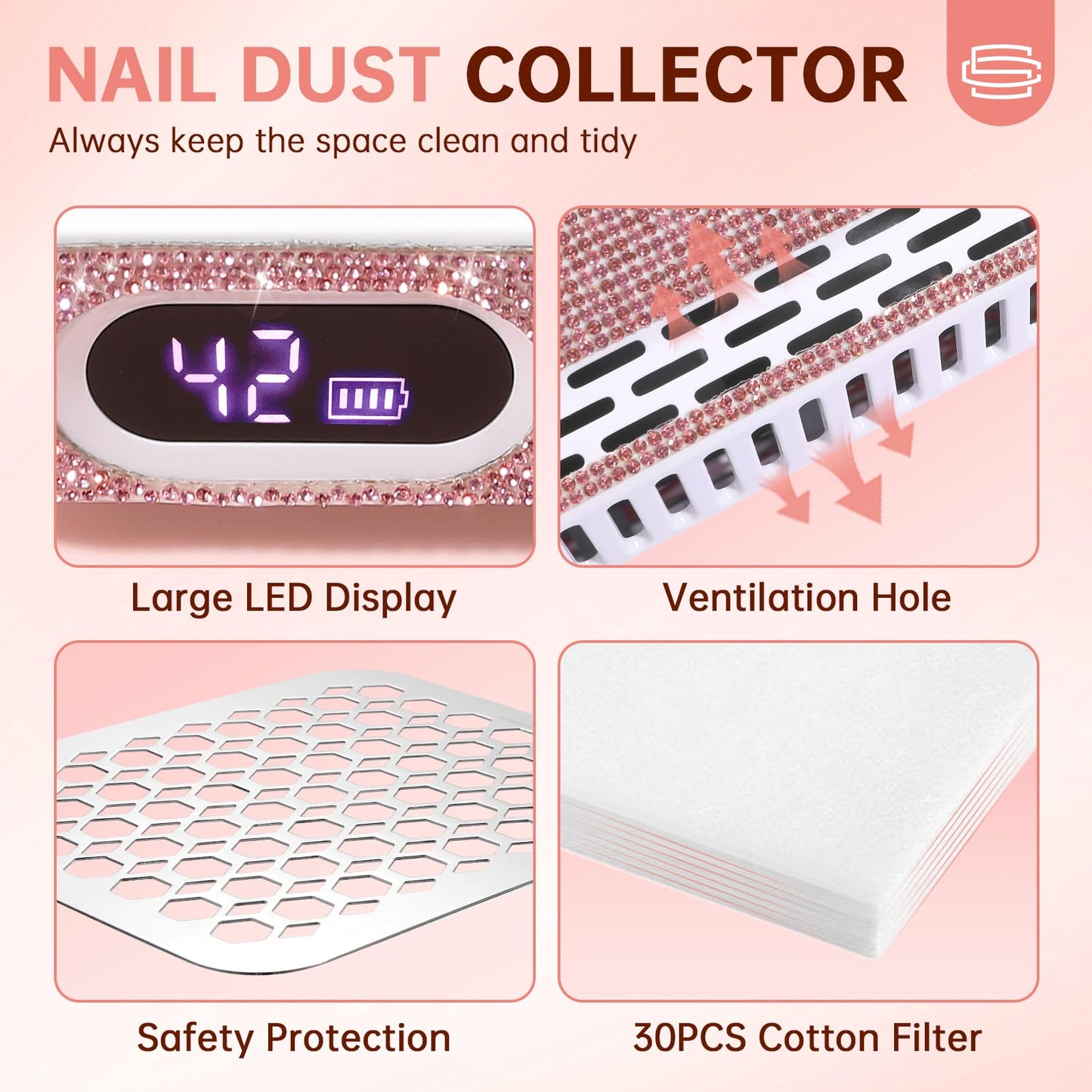 CHRISTINE SHELLY Nail Dust Collector, Rechargeable Dust Collector Nail Tech, Powerful Vacuum Fan Vent Dust Collector Extractor Dust Suction Machine for Acrylic Nails Polishing, Nail Salon&Home, Pink