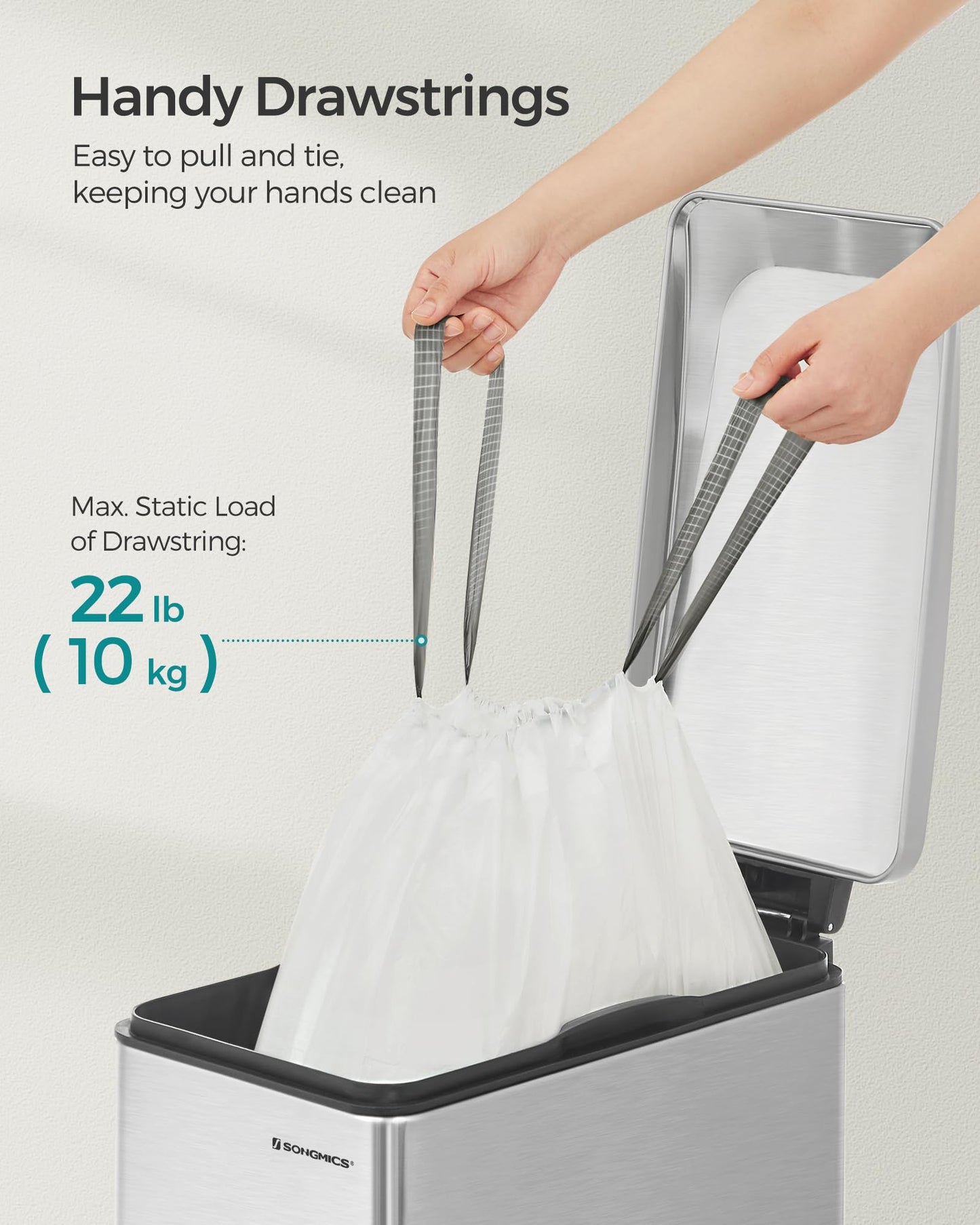 SONGMICS Trash Bags for 12-14.5 Gallon (45-55L) Trash Cans, 120 Count Drawstring Kitchen Garbage Bags, Pre-Separated, Liner Code 055A01, 3 Rolls,White UKRB055A03
