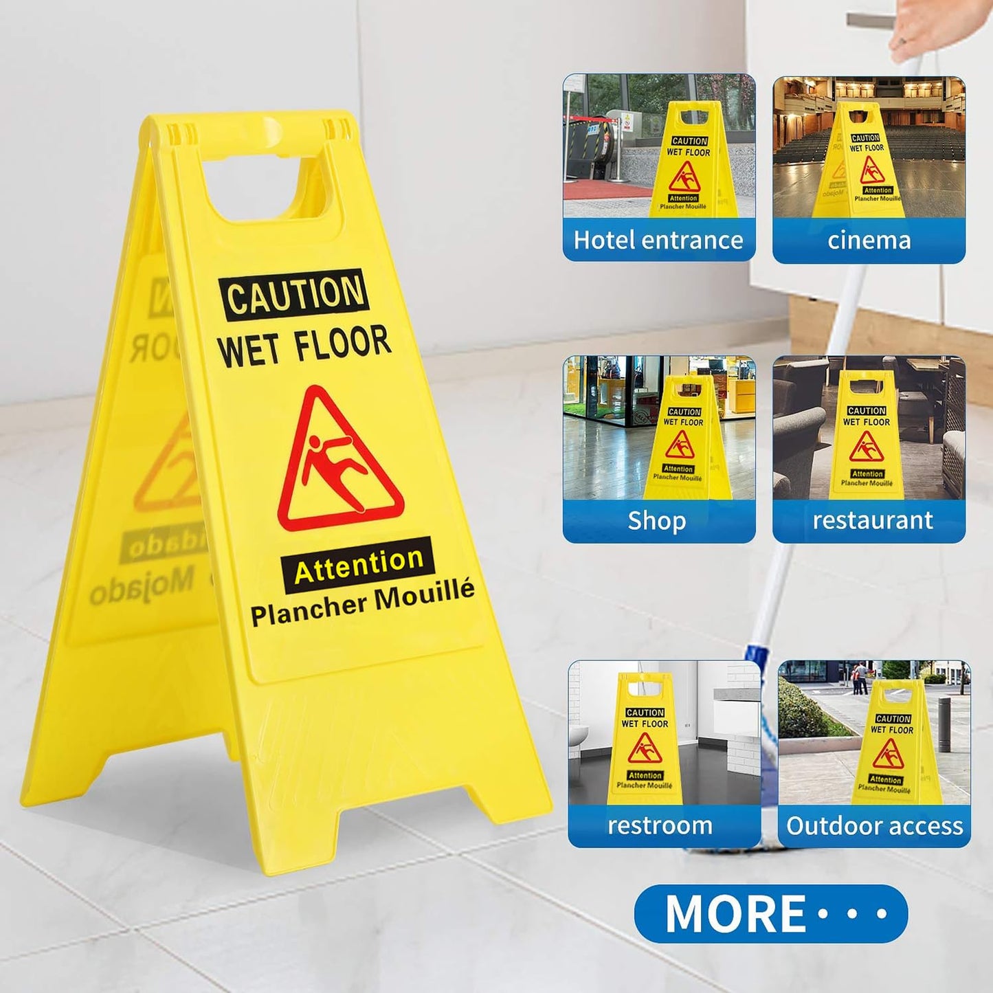 Wet Floor Sign,French/English for Business Caution Wet Floor/Attention Plancher Mouillé Foldable Sturdy Bilingual Double-Sided Yellow 4 pack
