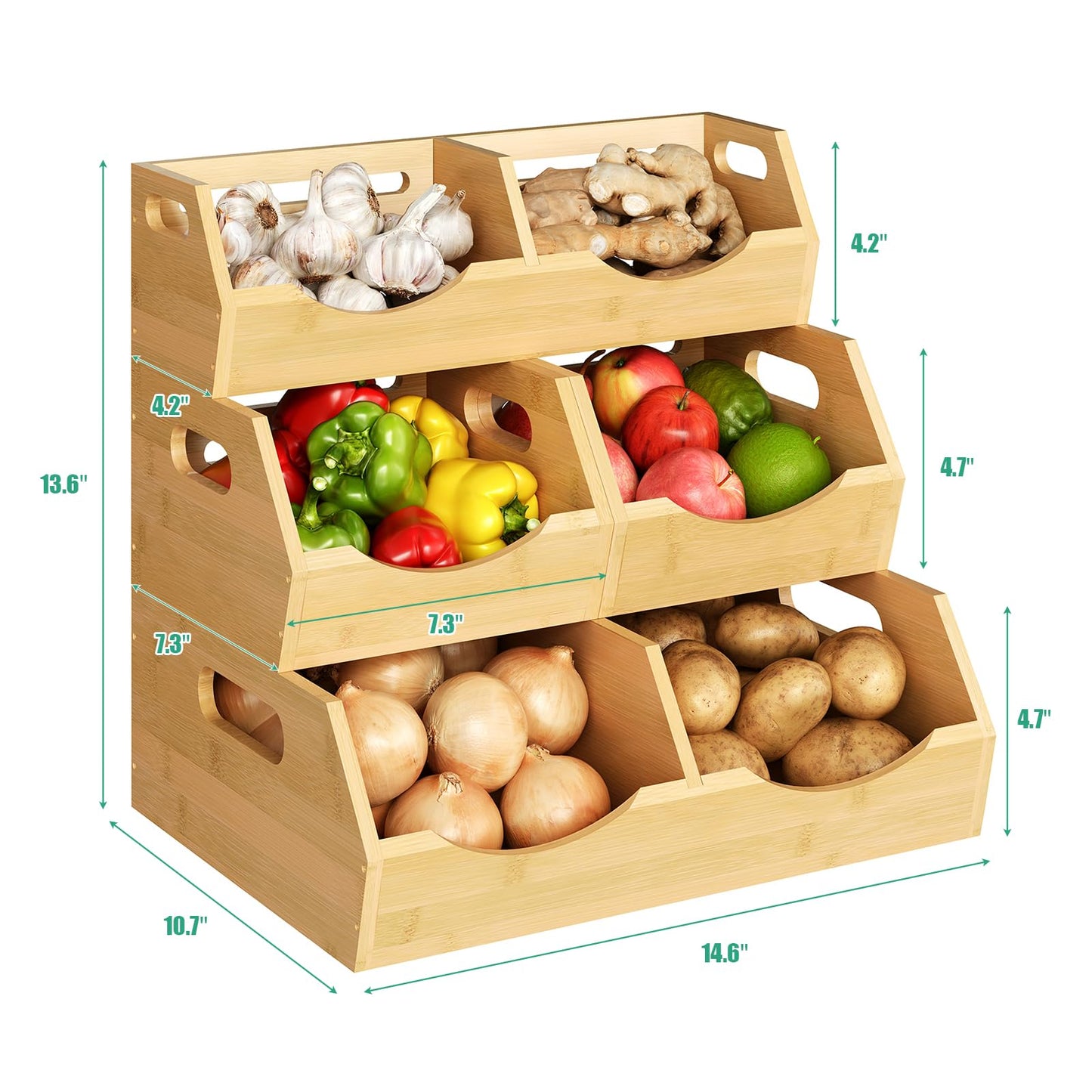 Bamboo Potato Onion Storage Bins Natural Brown, 3 Tier Stackable Ventilated Kitchen Organizer for Pantry, Countertop, Bathroom, Space-Saving, Easy Access Handle