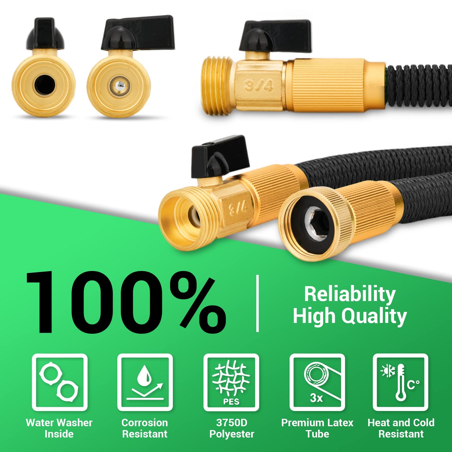NGreen Expandable and Flexible Garden Hose - Strength Durable Fabric and Latex Inner Tube, Lightweight Easy Storage Kink Free Water Hose, Leakproof Solid Brass Fittings with Nozzle (75 FT, Black)