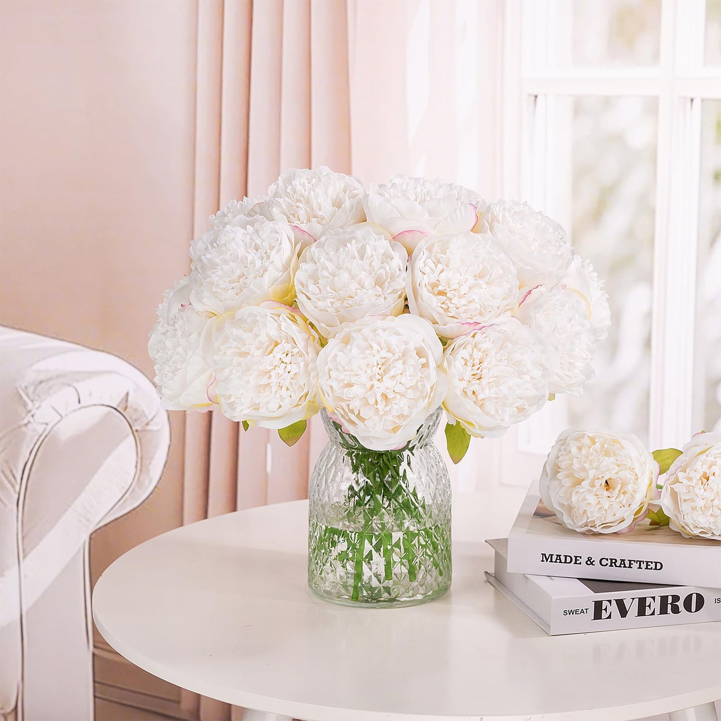 U'Artlines 20Heads Artificial Peony Silk Flower Leaf Home Office Wedding Party Festival Bar Decor (White)