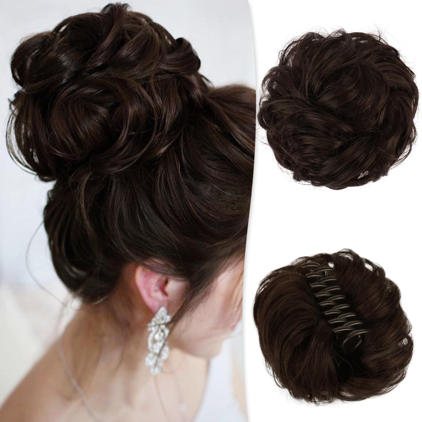 Claw Clip Messy Bun Hair Piece 100% Real Human Hair Buns Wavy Curly Chignon Hair Bun Extensions Tousled Updo Hair Buns Claw Clip Ponytail Hairpieces Hair Scrunchie (Dark Brown with 15% Dark Cocoa Blonde)