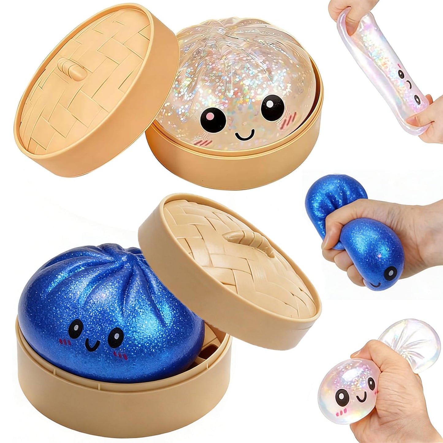 Dumpling Squishy Toy, 2PC Mystery Dumpling Squishy with Box, Glitter Squishy DumplingToy, Soft Squishy Stress Relief & Rebounding Sensory Fidget Toy for Adults