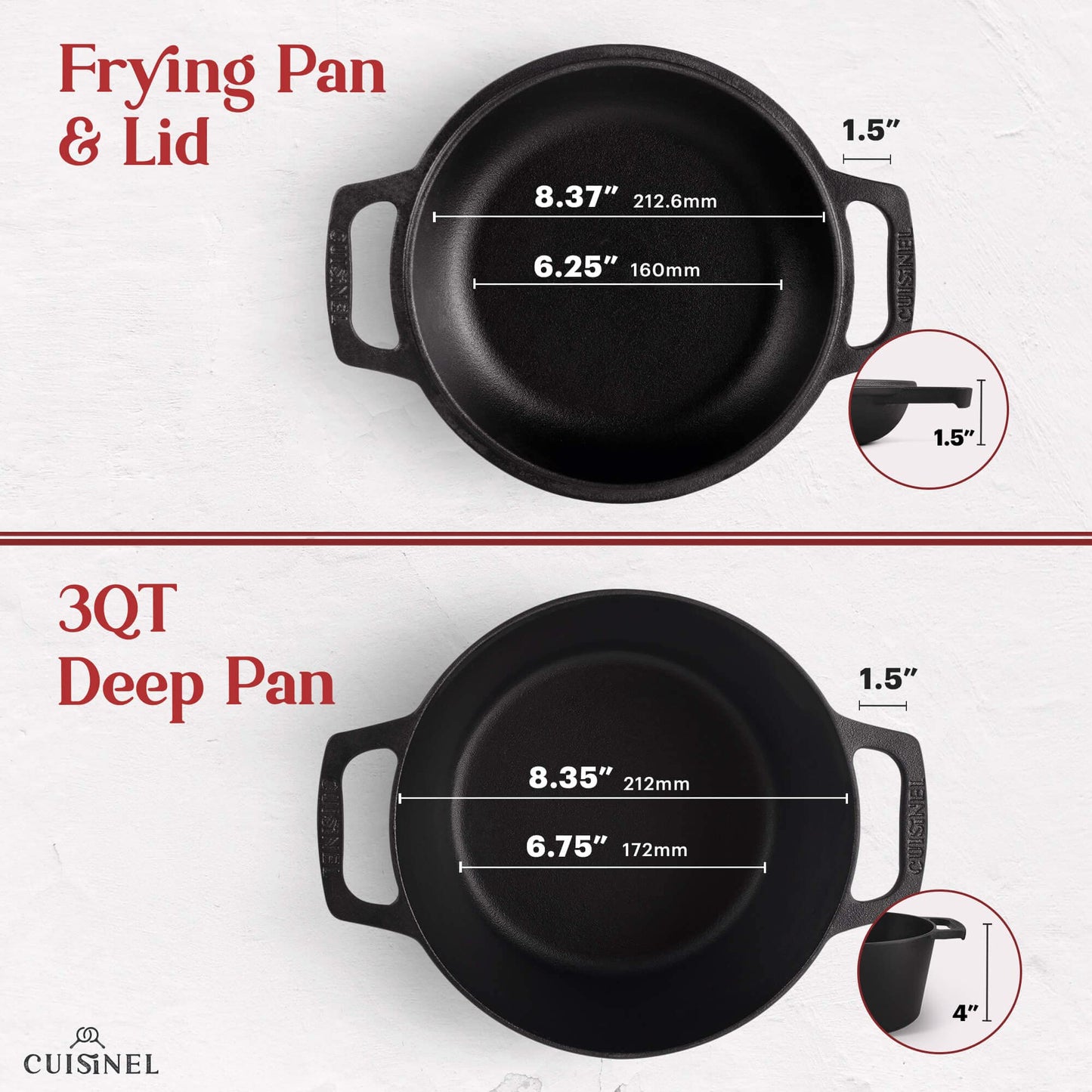 Cast Iron Dutch Oven - 3-Quart Deep Pot - Pre-Seasoned 2-in-1 Multi-Cooker - Combo Lid Doubles as 8"-inch Skillet Frying Pan + Silicone Handle Covers + Scraper/Cleaner - Great Set for Baking Bread