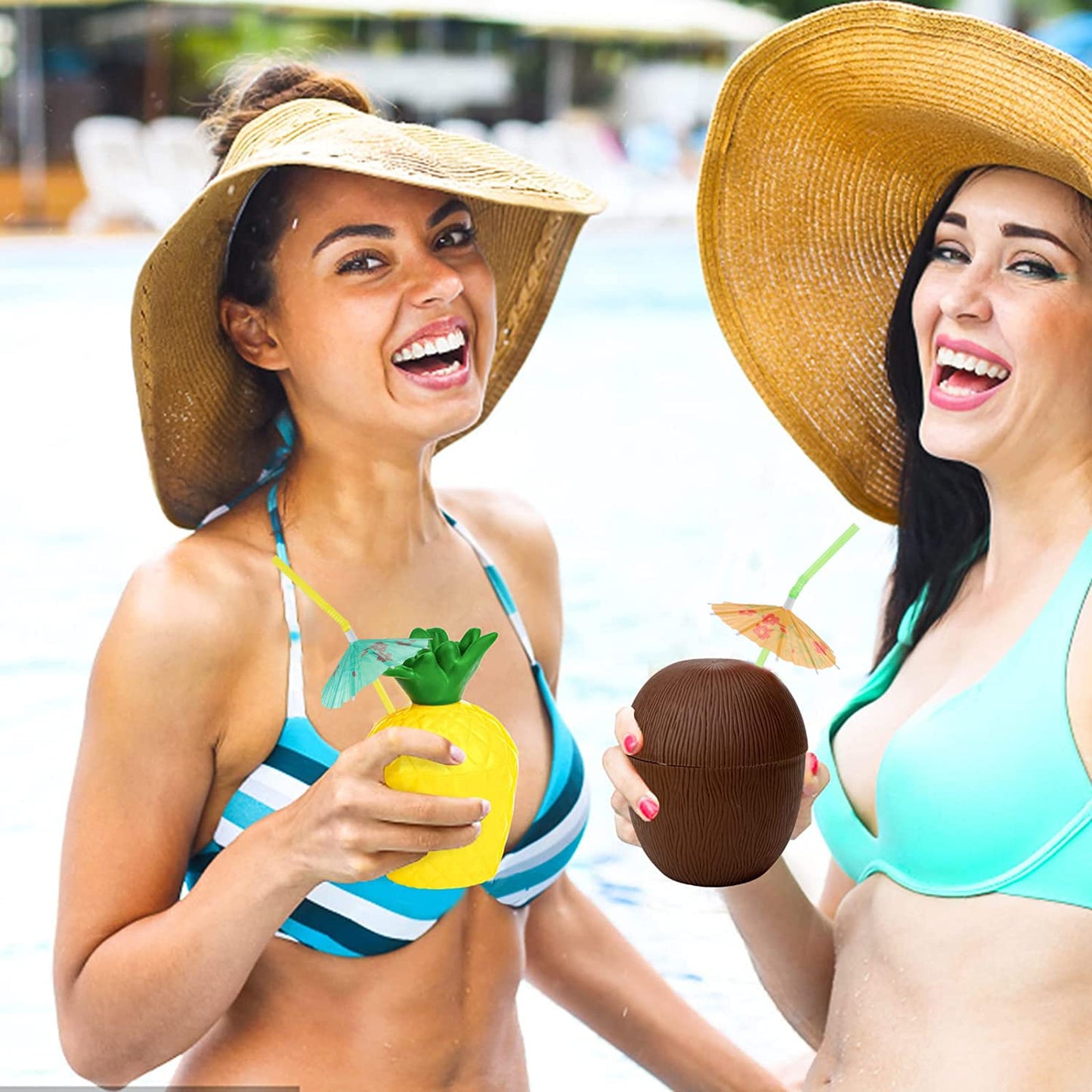 NINU 12 Pack Coconut Pineapple Cups with 12 Umbrella Straws and 12 Umbrella Cocktail Drinking Picks, Hawaiian Luau Tiki and Beach Theme Party Decorations for Kids/Adults