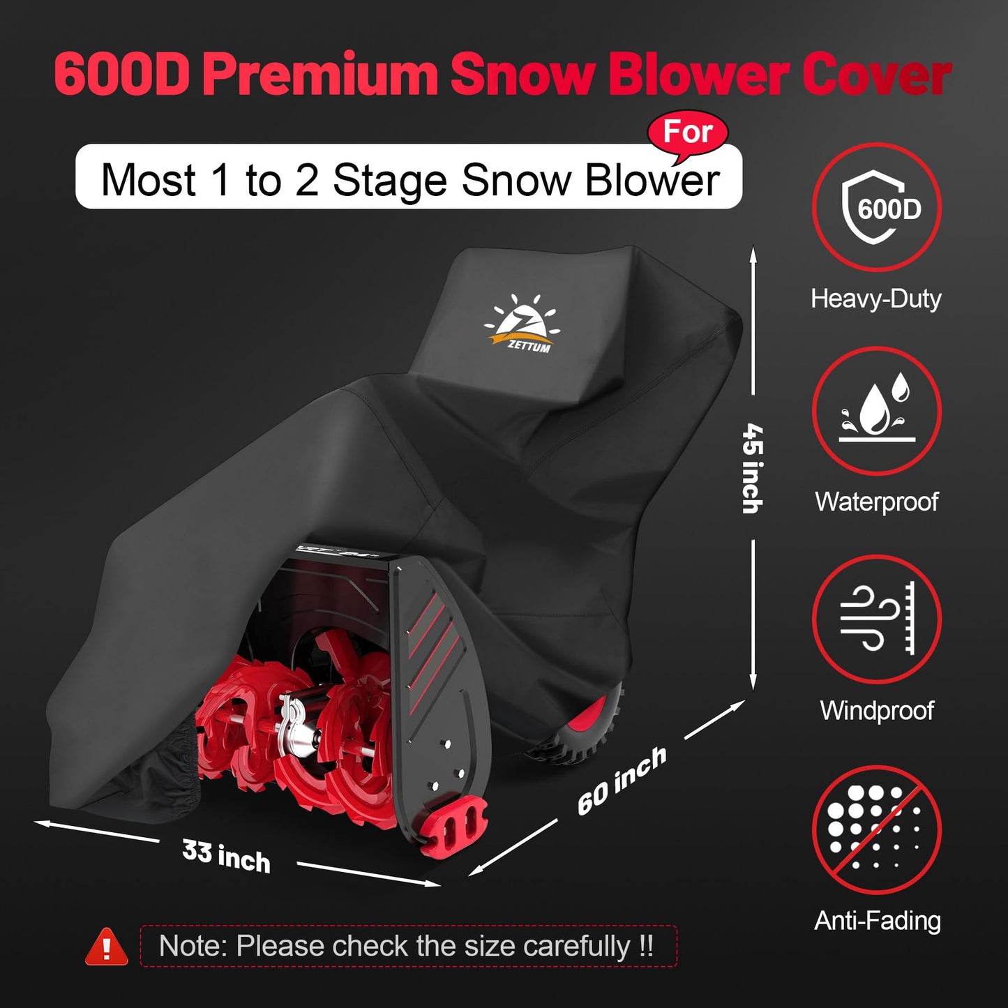Zettum Snow Blower Cover - 600D Snowblower Covers Heavy Duty Waterproof, Outdoor Snow Thrower Cover Universal Fit for EGO, Honda, Cub Cadet, Ryobi, Ariens, Troy Bilt, Snow Joe, Toro and PowerSmart