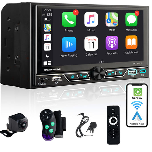 Alondy Double Din Car Stereo with 6.8" Touchscreen Compatible with [Wireless] Apple CarPlay/Android Auto Bluetooth AM/FM Radio 2X USB (Both 2.1A Fast Charge) Backup Camera RCA Audio Receiver
