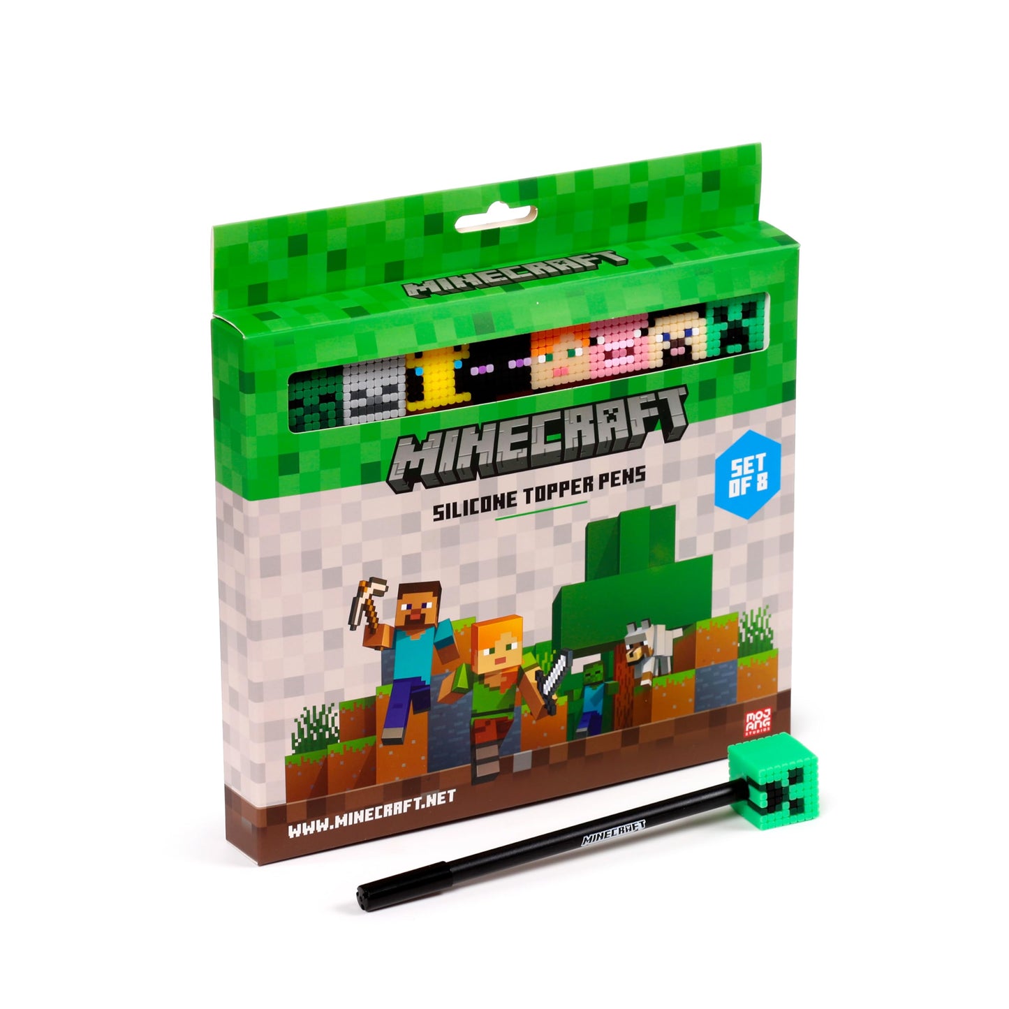 Puckator Minecraft Fine Tip Pen with Silicone Topper 8 Piece Set - Pen Stationary Set - Cool Fancy Pack of Pens Black For Office Writing College - Uni Essentials - Back to School Supplies - Non Smudge