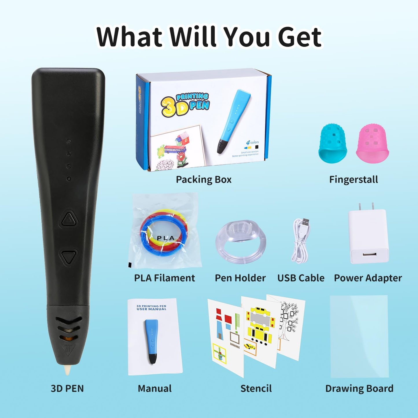 Kretrum 3D Pen for Kids | Portable 3D Printing Pen | 3D Printer Pen with 1.75mm PLA Filament, Fingerstall, Pen Holder, Stencil Book, Charger for Teenagers Stylo 3D Crayon 3D (Black)
