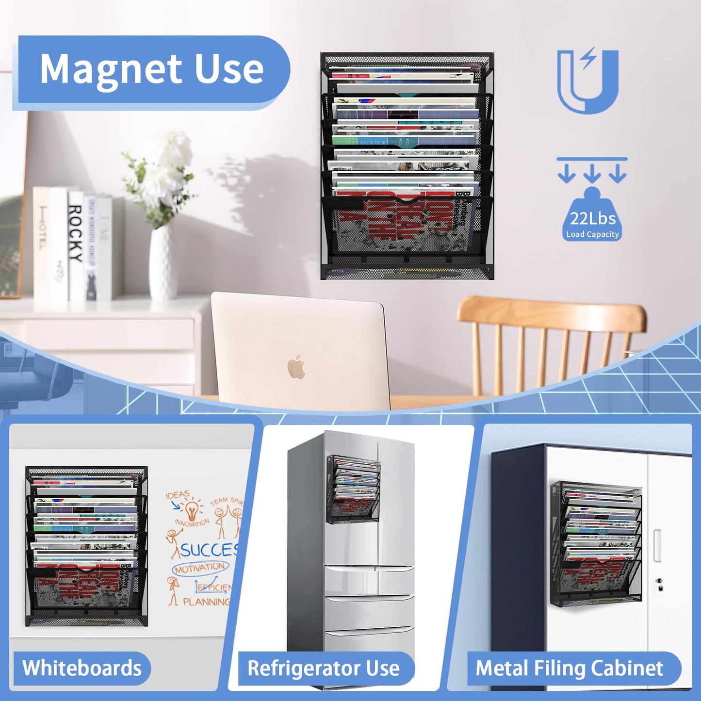 LQPAFZ 7-Tier Magnetic File Holder, No Drilling Wall File Organizer, Hanging File Organizer, Vertical Holder Rack for File Cabinets, Whiteboard, Refrigerator