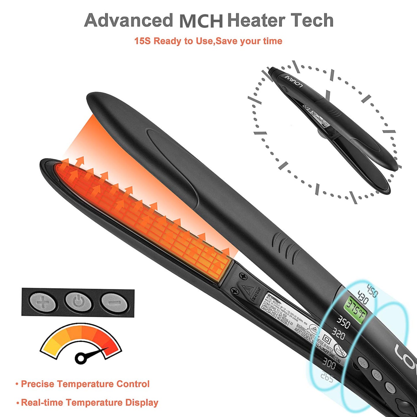 LOVANI Professional Flat Iron 450F LCD Display Salon Super Slim Hair Straightener with Heat Resistant Bag,2 Salon Clips Black