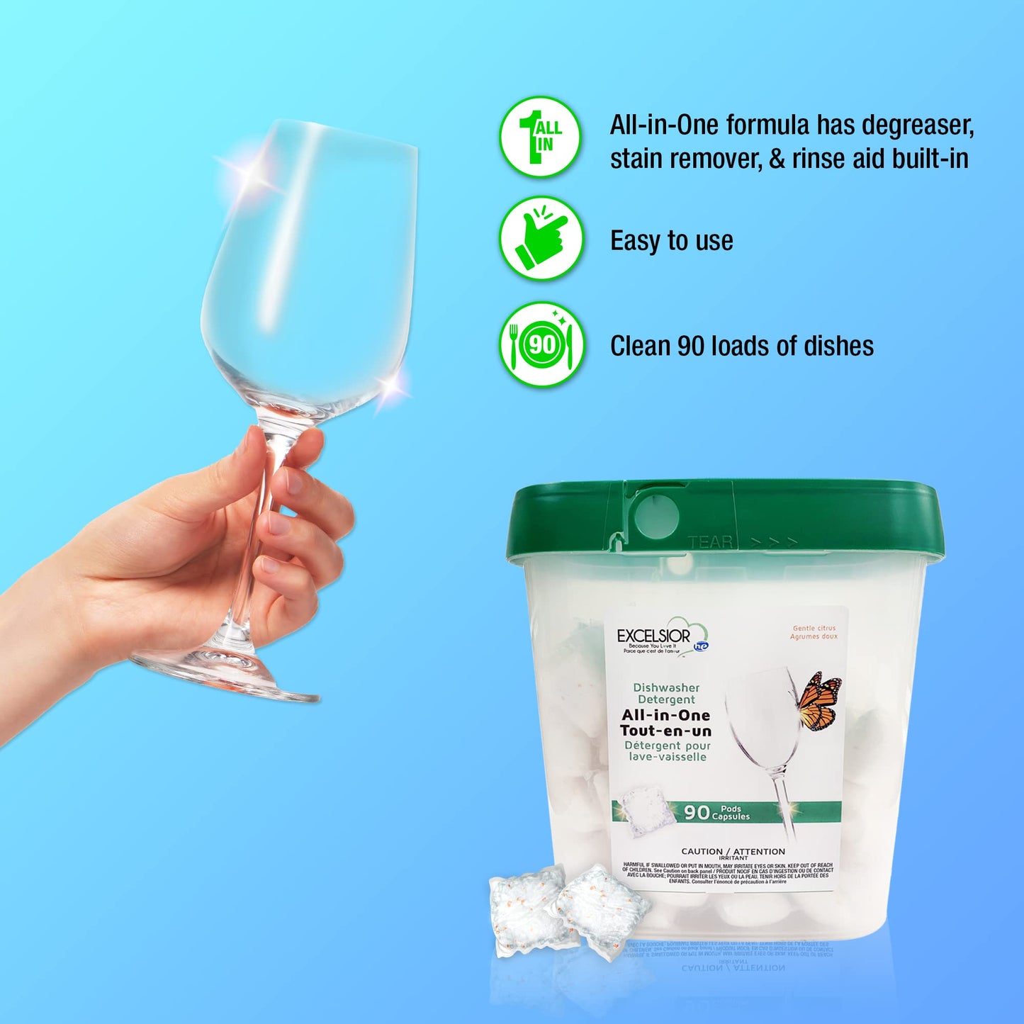 Excelsior HE All-In-One 90 Dishwasher Detergent Pods - Built-in Rinse Aid, Degreaser, Septic Safe Dishwasher Pods