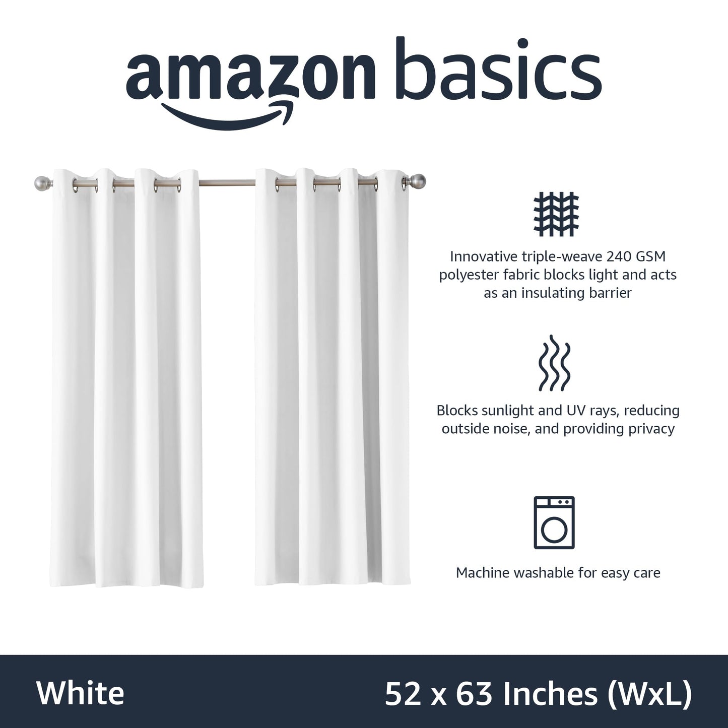 Amazon Basics Room Darkening Blackout Window Curtains with Grommets - 52 x 63-Inch, White, 2 Panels