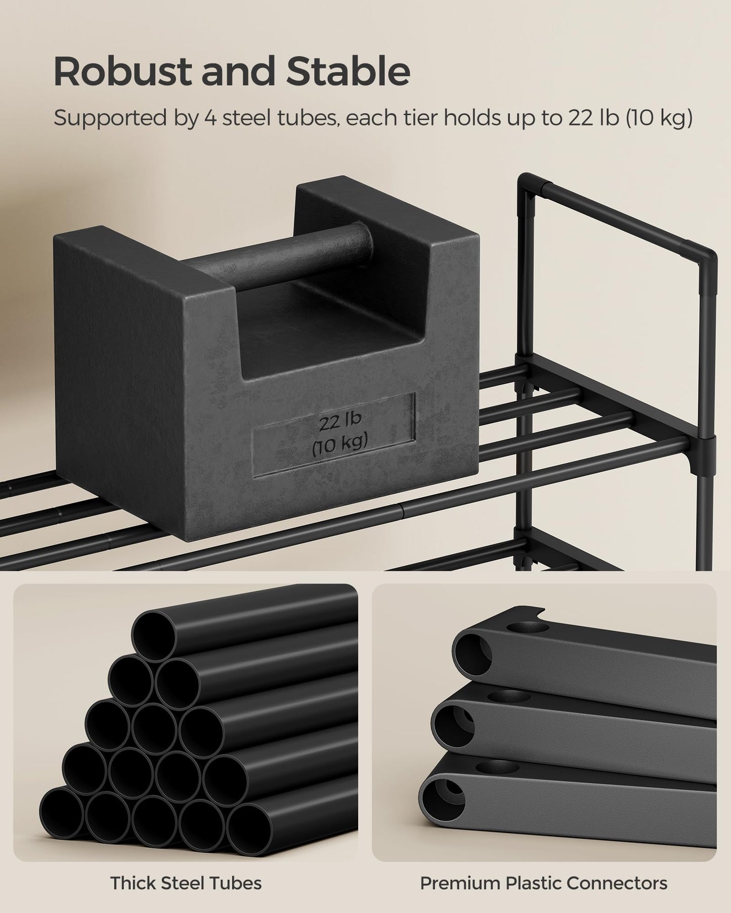 SONGMICS Shoe Rack, 4-Tier Shoe Organizer, Sturdy Storage Shelf, Upright or Upside Down, for 20-25 Pairs, Stackable, for Entryway, 30 x 92 x 75 cm, Black ULSA14BK