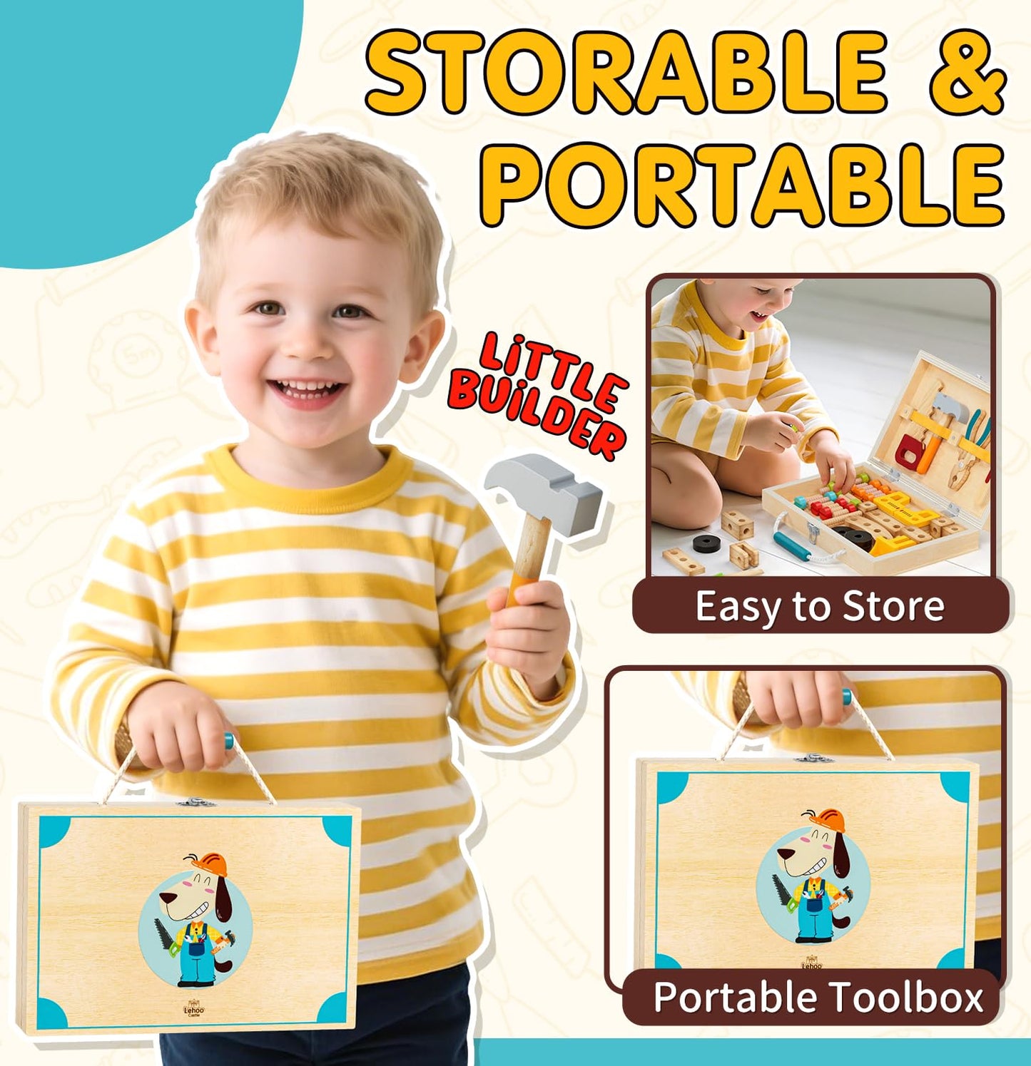 Lehoo Castle Wooden Kids Tool Set, Montessori Educational Toys for Toddler 3+, Pretend Play Tool Box STEM Construction Toy, Birthday Gifts Toys for 3 4 5 Year Old Boys & Girls