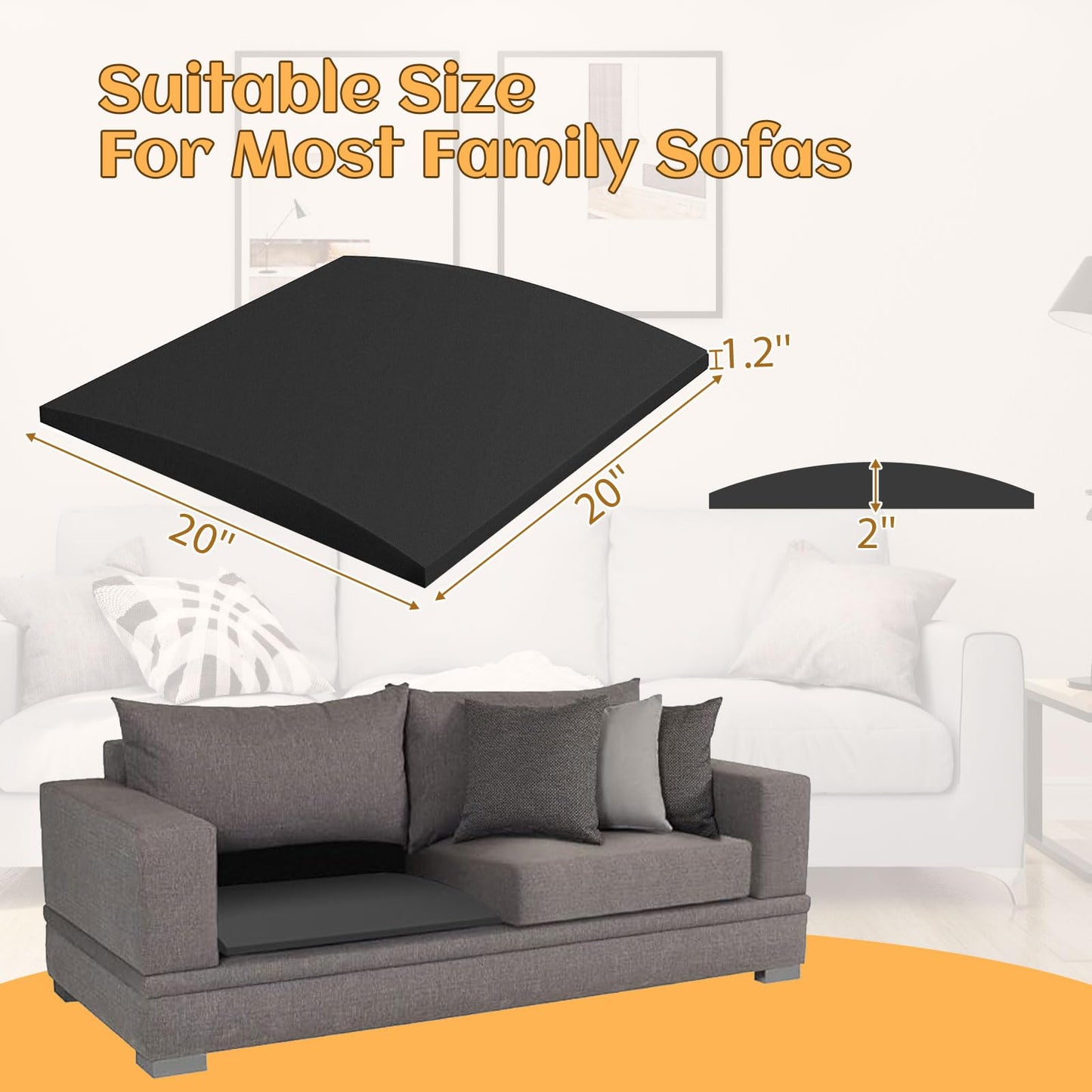 20"x20" High-Density Foam Cushions for Sofa Couch Cushion Support Inserts, Curved Design for Sagging Seat Repair, Black Set of 3 - Sofa Seat Support for Couch, Loveseat, and Sectional Furniture
