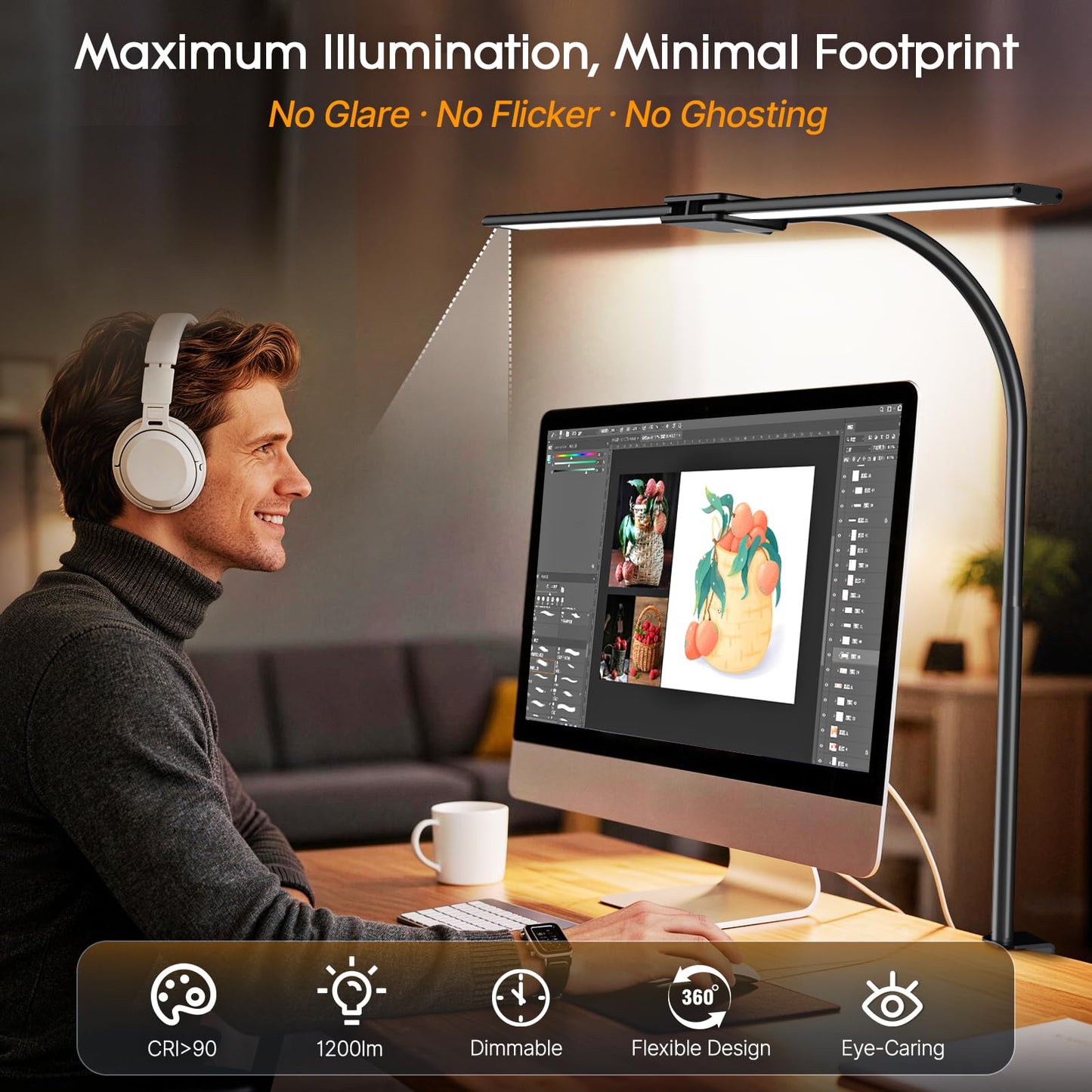 Syrinx LED Desk Lamp with Clamp,Dual Head Gooseneck Desk Lamps Home Office with Gesture Switch & Wired Control, 18W Bright Adjustable Desk Light Eye-Caring Office Desk Lamp for Crafting Reading