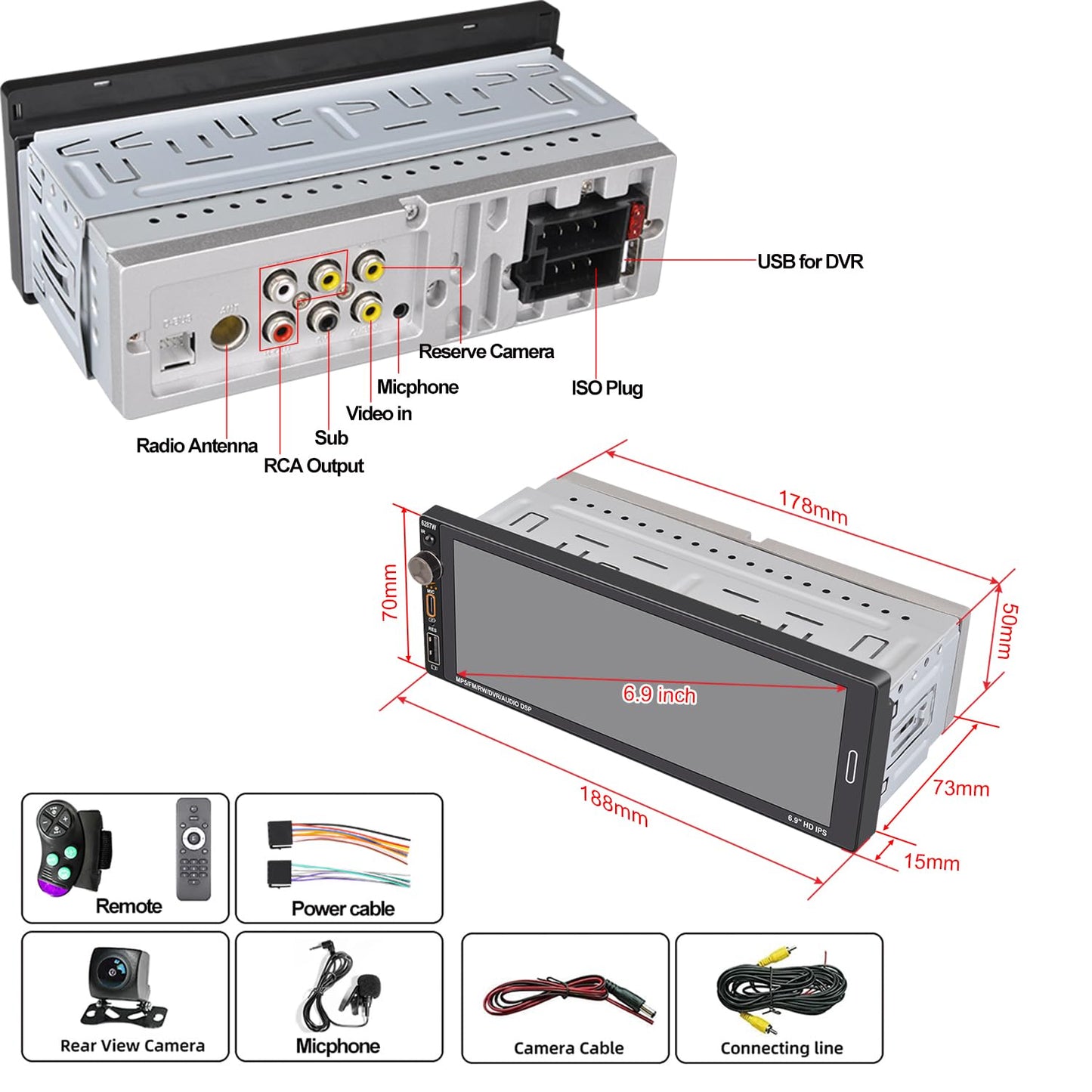 Alondy Single Din Car Stereo Touchscreen (6.9") Compatible with Apple CarPlay [Wireless] Android Auto Car Radio Bluetooth Type-C USB (2.1A Fast Charge) Backup Camera