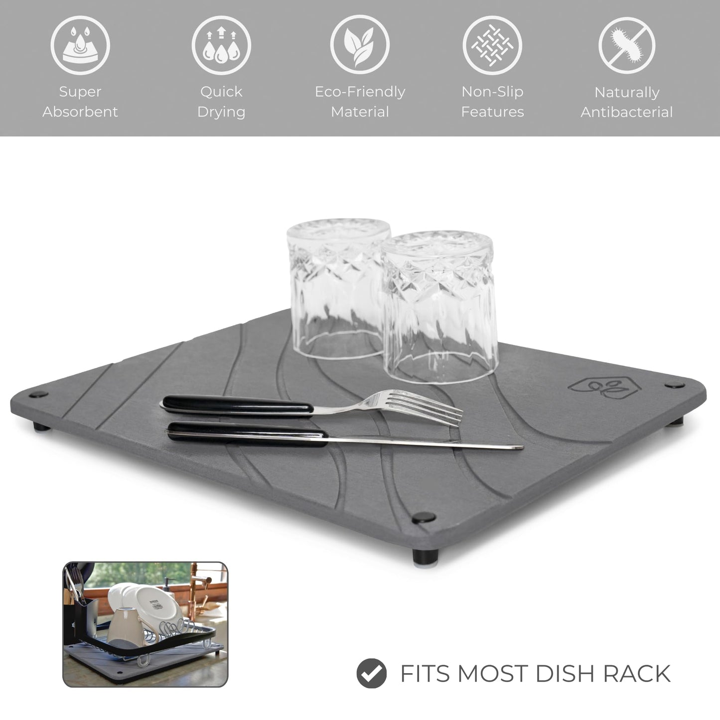 Natureva Stone Dish Drying Mat - Super Absorbent, Quick Dry Diatomite Mats for Kitchen Counter - Made of Natural Diatomaceous Earth Absorbing Water Instantly - Flow - Graphite