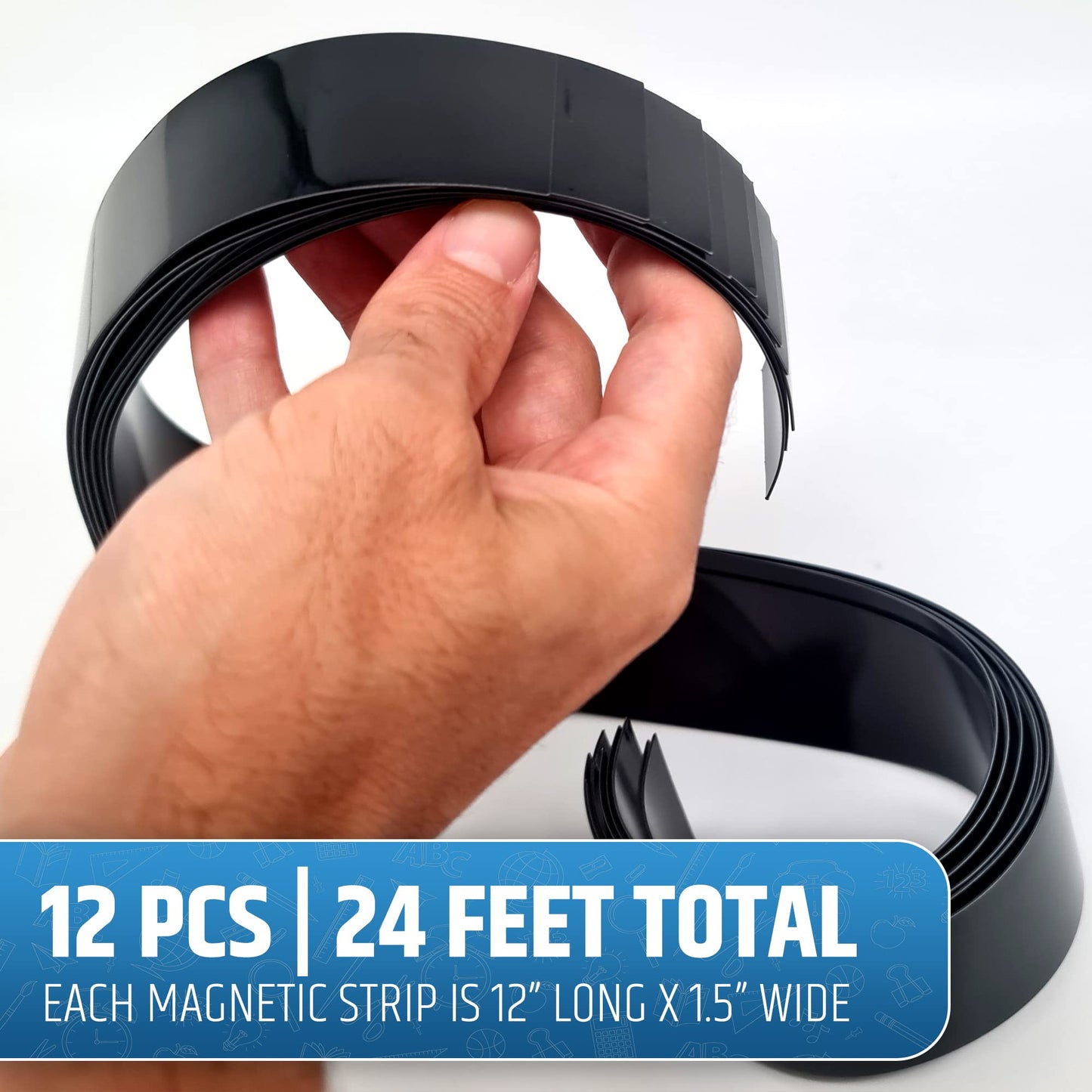 Strong & Wide Magnetic Borders for Classroom Whiteboard - Visible Magnetic Strips for Teachers (4 Designs Available) | Straight Plain - Black | 12 Strips of 1.5X24 Inch - 24 Feet Total