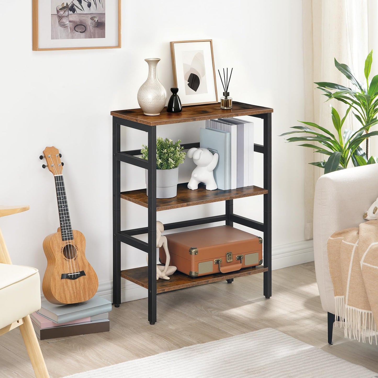 HOOBRO 3 Tier Bookshelf, 60 cm Industrial Bookcase, Record Storage Rack with Side Fence, Storage Shelf with Metal Frame, Rustic Open Display Shelf for Living Room, Bedroom, Rustic Brown BF86CJ01G1