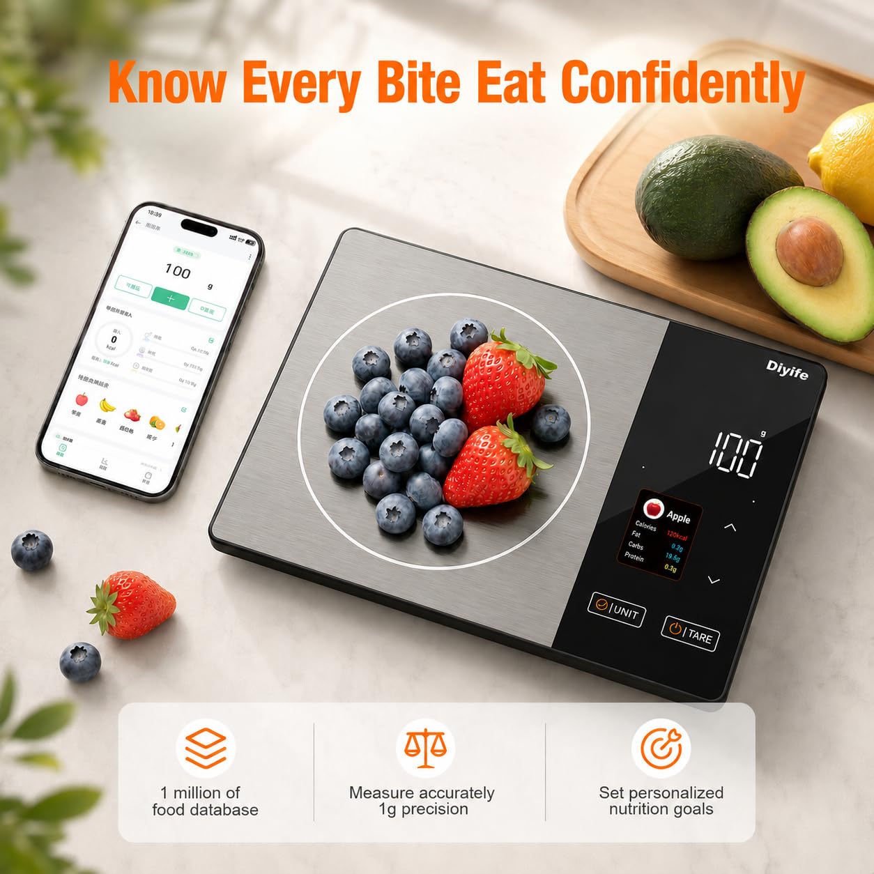 Smart Food Scale with Nutritional Calculator, [TFT Colorful Display] 5kg Nutrition Scale with App, 25 Nutrients Tracking, Calorie, Macro, Keto, Weight Loss, Tare, 5 Units for Meal Prep & Baking