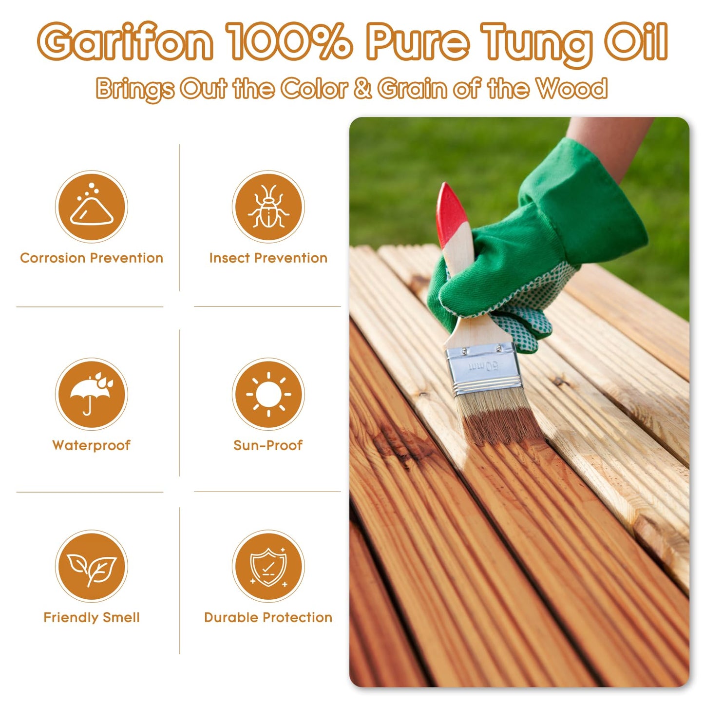 18 OZ Pure Tung Oil for Wood Outdoor/Indoor, Food Grade Sealer, Tung Oil Finish, Waterproof WoodOil for Furniture, Cutting Board, Teak, Floor — Food Safe, Indoor Use