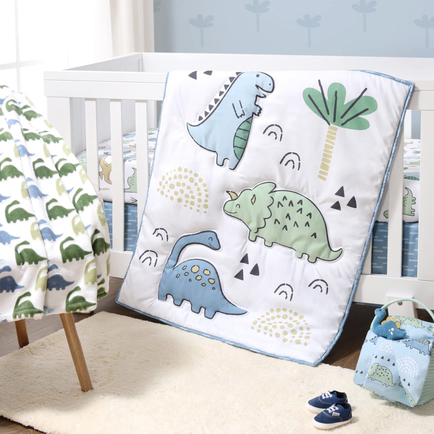 The Peanutshell 5 Piece Baby Crib Bedding Set for Boys - Newborn, Infant & Toddler Nursery Bed Set Decor with Fitted Crib Sheets, Blanket, Dust Ruffle Comforter - Blue Dino