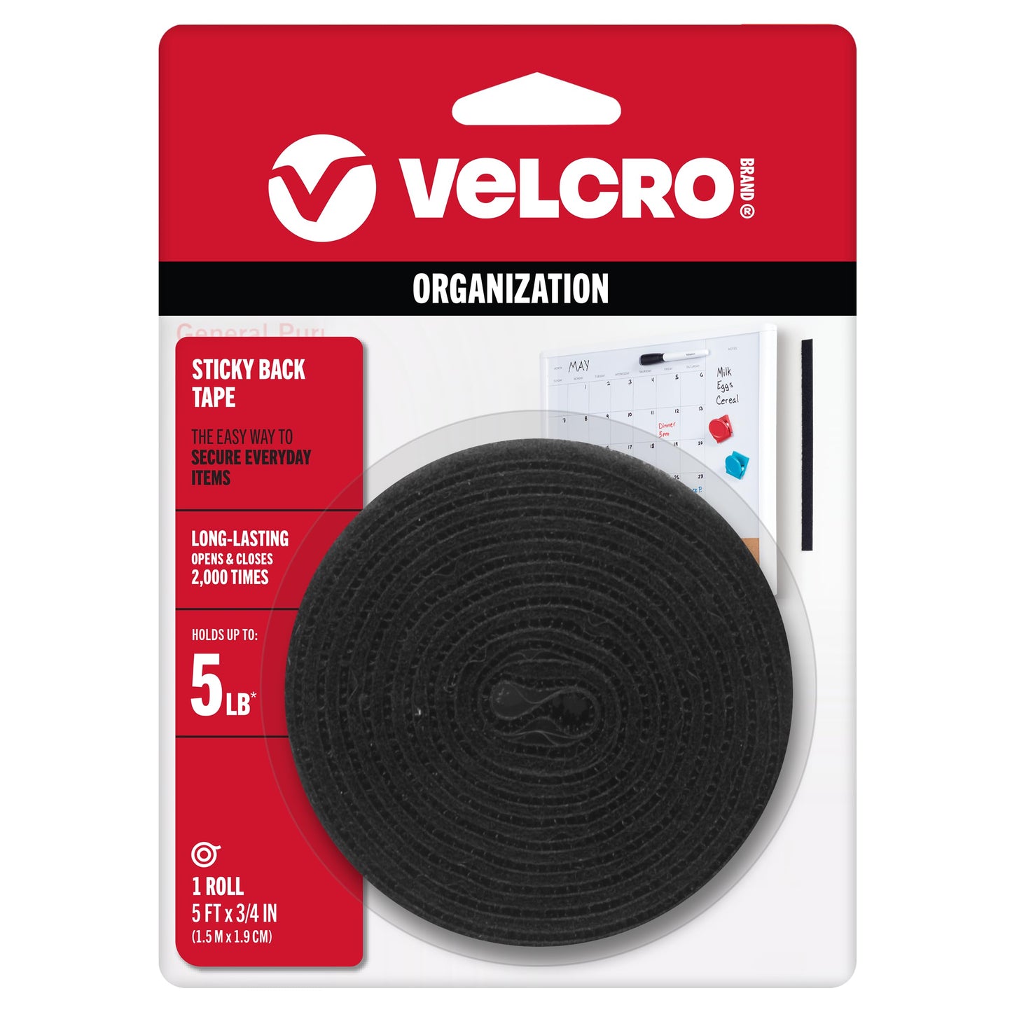 VELCRO Brand Sticky Back | Hook and Loop Fasteners | Keep Things Organized and Connected | 5ft x 3/4in | Tape, Black