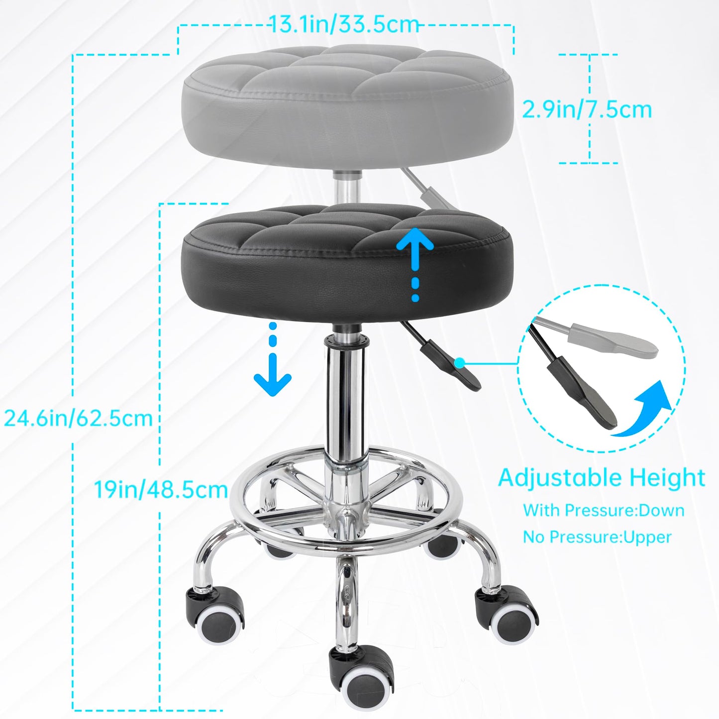 BQKOZFIN PU Leather Modern Round Rolling Stool Adjustable Height Salon Stool for Spa Facial Massage Tattoo (Black)