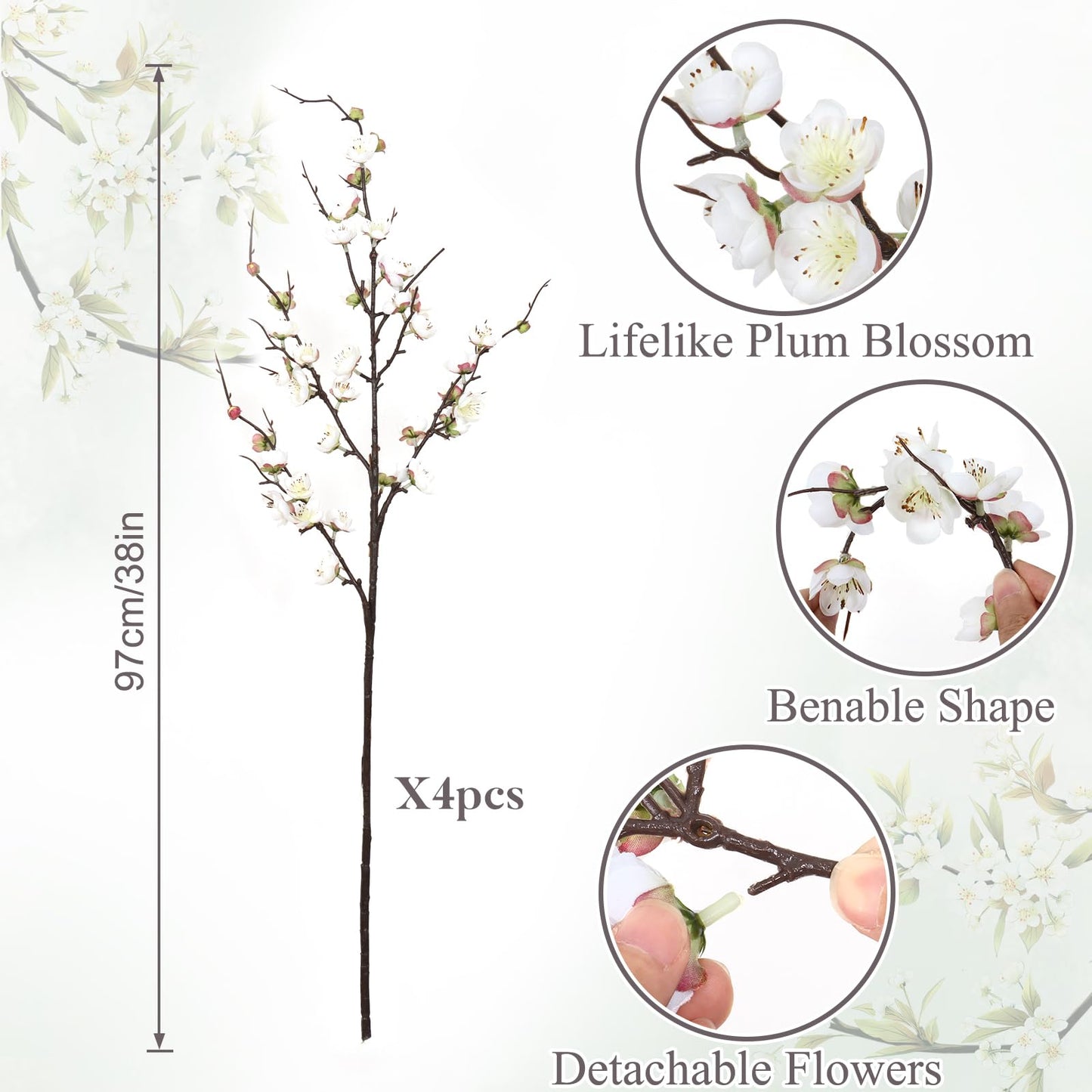 Betylifoy Artificial Plum Blossom Flowers 4Pcs Faux Silk Cherry Blossom 38" Long Stems Fake Plum Blossom Branches Artificial Silk Flower for Flowers Arrangement Wedding Home Table Decor (White, 4PCS)