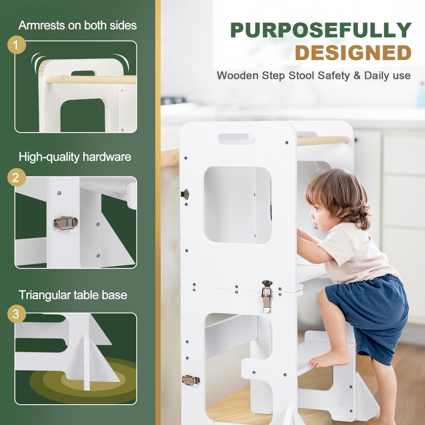 Toddler Standing Tower, Wooden Step Stool for Kids Learning Standing Tower 2-in-1 Kitchen Stool Helper with Chalkboard Montessori and Waldorf Helper for Livingroom Playroom (White Style)