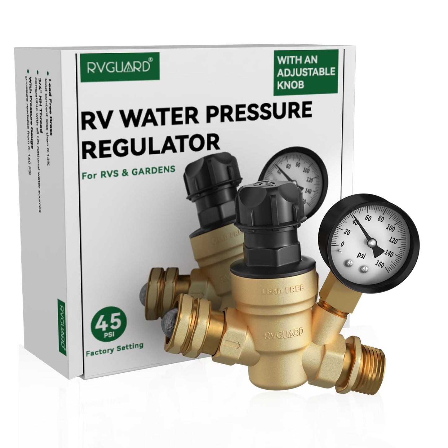 RVGUARD RV Water Pressure Regulator Valve With An Adjustable Knob, NO Tool Required, Brass Lead-Free Water Pressure Reducer with Gauge and Inlet Screen Filter for RV Camper Travel Trailer RGWPR-H