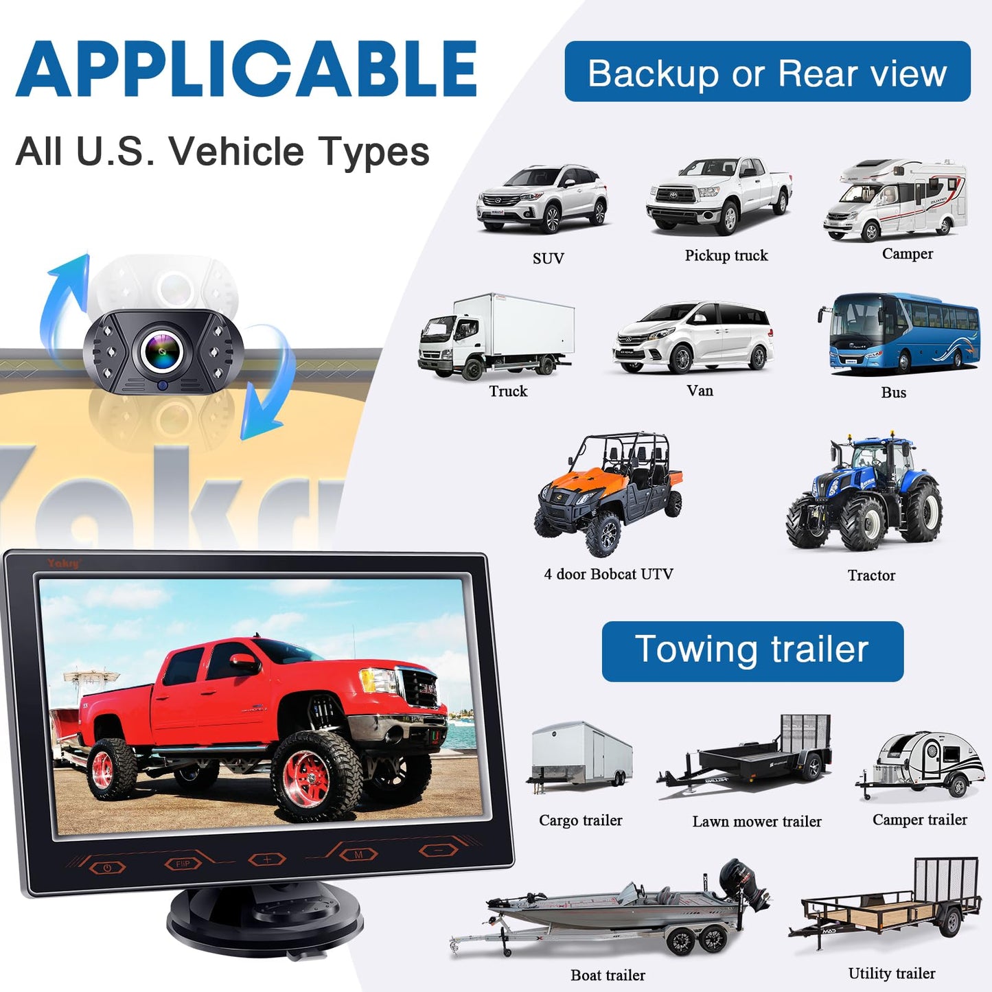 7-Inch Backup Camera for Car, Truck, SUV - HD 1080P Rear View System, IP69K Waterproof, Night Vision, 150° Wide Angle, Easy Installation by Yakry