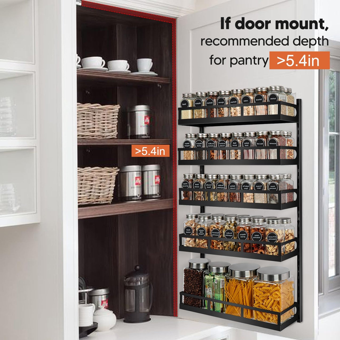X-cosrack Wall Mount Spice Rack Organizer 5 Tier Height-Adjustable Hanging Spice Shelf Storage for Kitchen Pantry Cabinet Door, Dual-Use Seasoning Holder Rack with Hooks, Black-Patent Pending