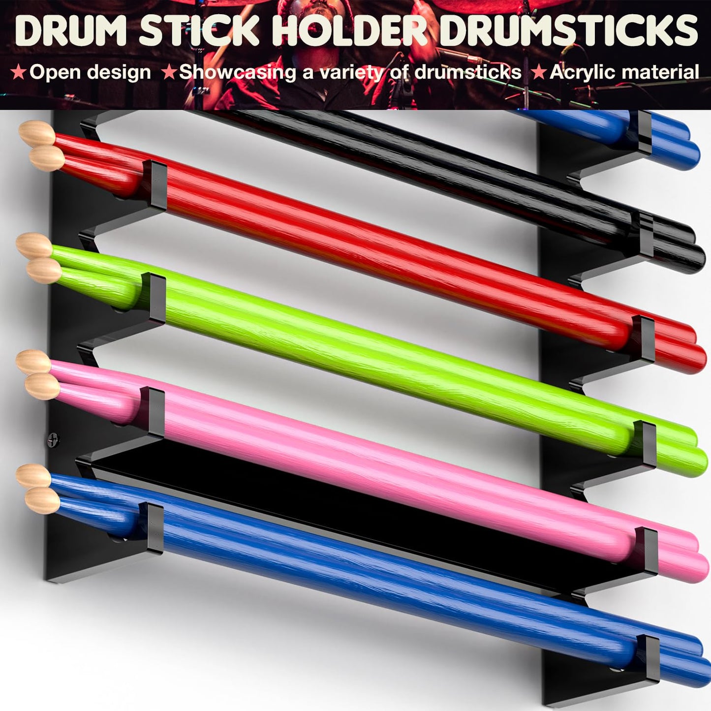 Facmogu Acrylic Drumsticks Holder, Drumsticks Display Stand for 8 Pair of Sticks, Drum Stick Holder for Drum Set, Wands & Lightsabers Collection, Wall Mounted Drumstick Rack Accessories (Bright Black)
