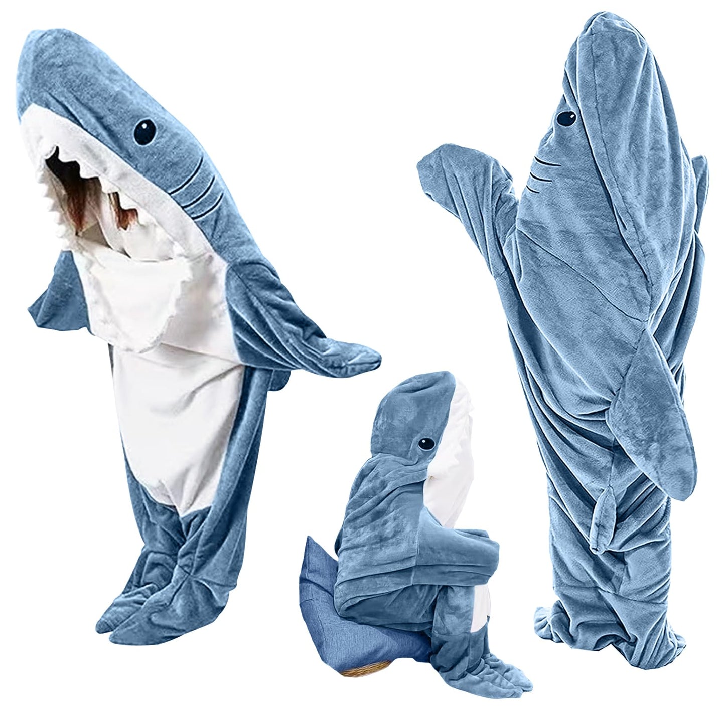 Ambitelligence Shark Blanket Hoodie Onesie for Adults and Kids, Cozy Flannel Shark Costume Sleeping Bag Grey