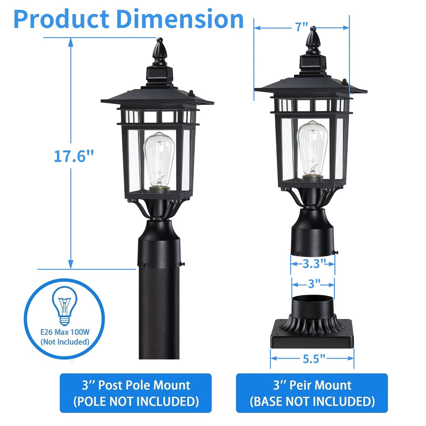 17.6'' Outdoor Post Light 2 Packs, Black Pole Lantern Lighting Fixture Hard Wired, Waterproof Outdoor Column Lights Exterior Lamp Post Lantern with Glass for Garden Path(Not Include Mounting Base)