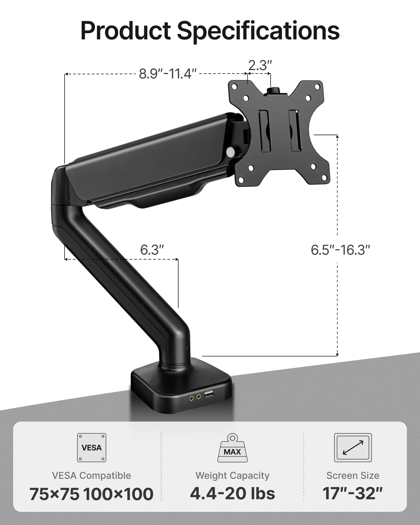 monTEK Heavy Duty Single Monitor Arm with USB/Audio Ports for 17-32” Screens, Premium Mechanical Spring Monitor Arm up to 19.8 lbs, Full Motion Monitor Desk Mount, VESA 75/100 mm, Clamp/Grommet