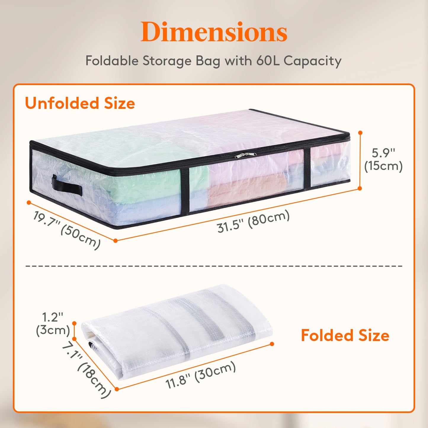 Lifewit 4 Pack Under Bed Storage, Large Clear Plastic Storage Bags, Clothes Storage Boxes Wardrobe Storage Organizer with Reinforced Handle Durable PP Fabric for Bedding Clothes Blanket, 60L